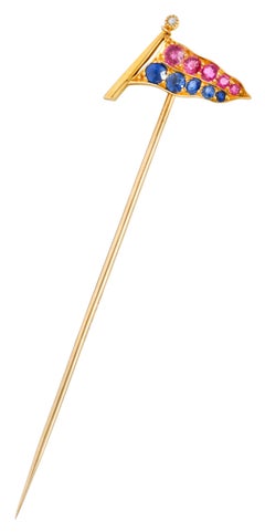 Ruby Sapphire Diamond 18 Karat Gold University of Pennsylvania Flag Stickpin