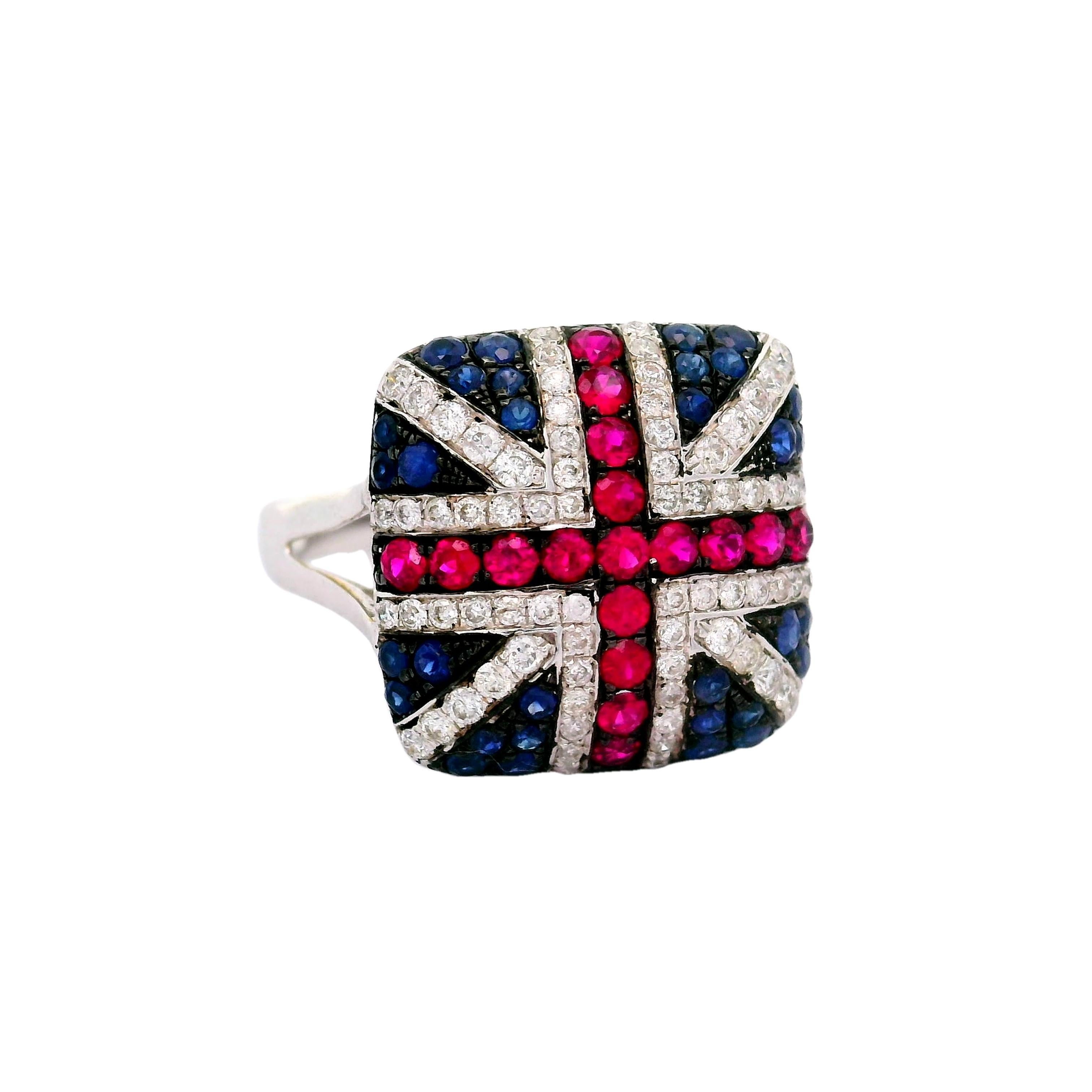 Rubin-Saphir-Diamant 18k Weißgold Flaggenring Vereinigtes Königreich (Zeitgenössisch) im Angebot