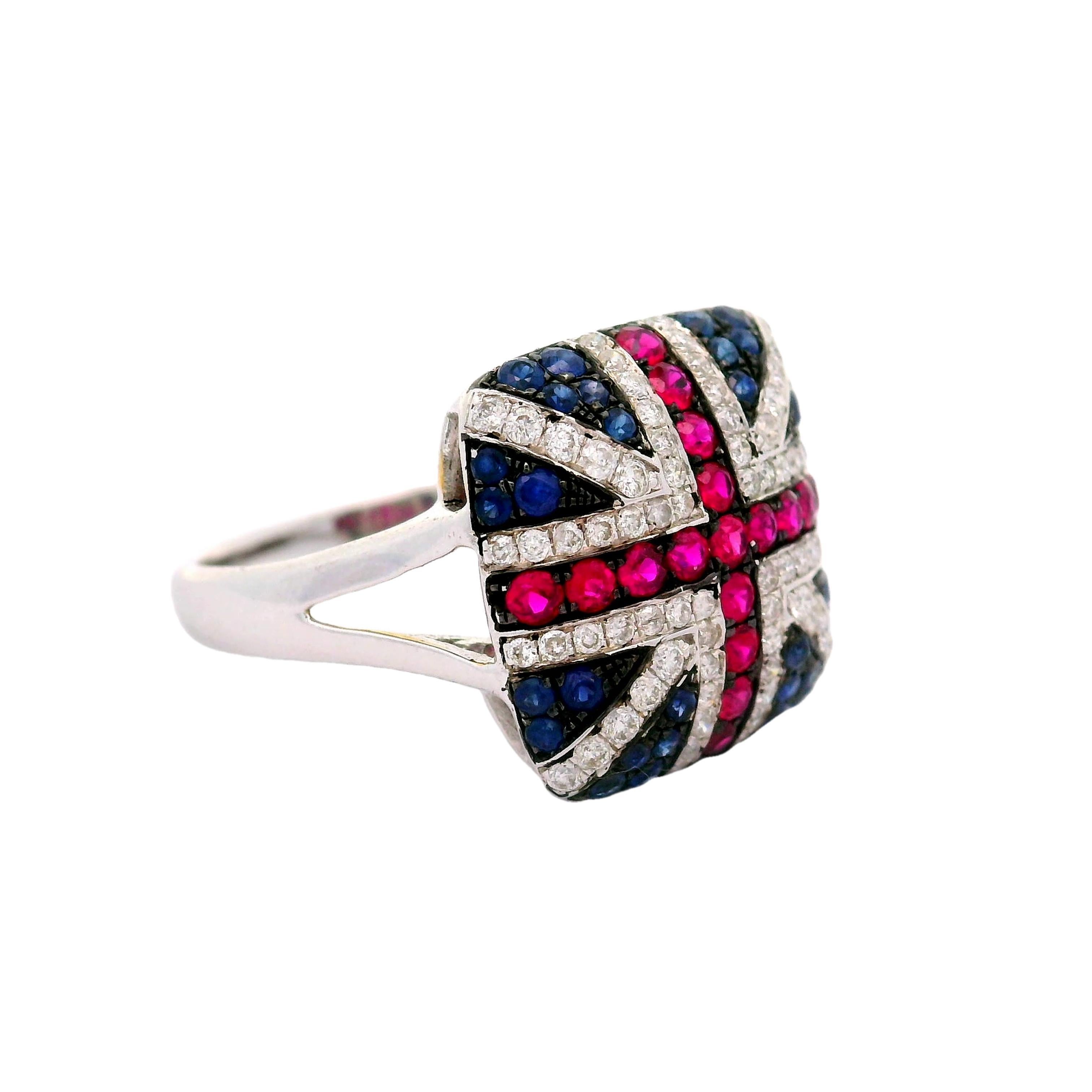Rubin-Saphir-Diamant 18k Weißgold Flaggenring Vereinigtes Königreich (Rundschliff) im Angebot