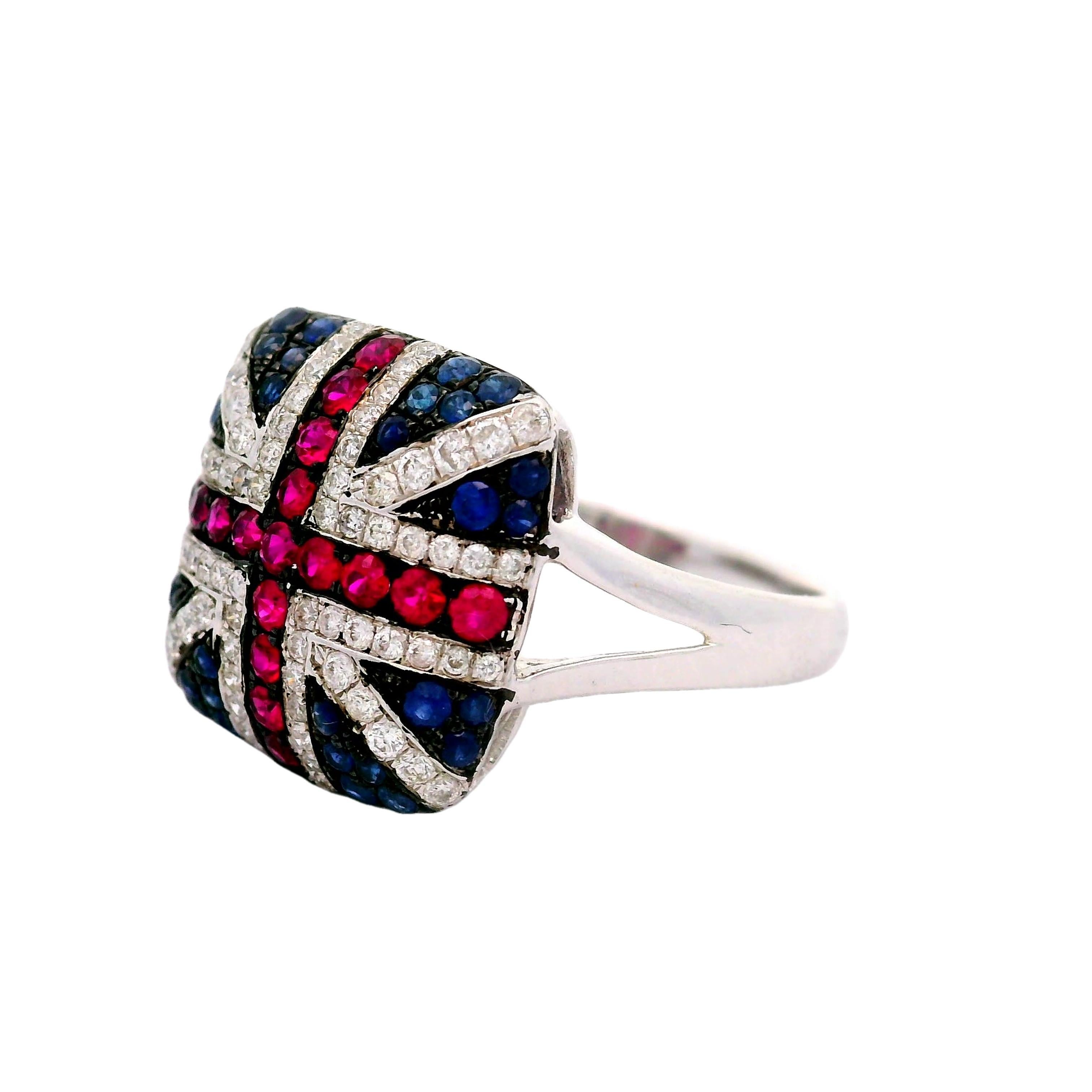 Rubin-Saphir-Diamant 18k Weißgold Flaggenring Vereinigtes Königreich im Zustand „Neu“ im Angebot in Beverly Hills, CA
