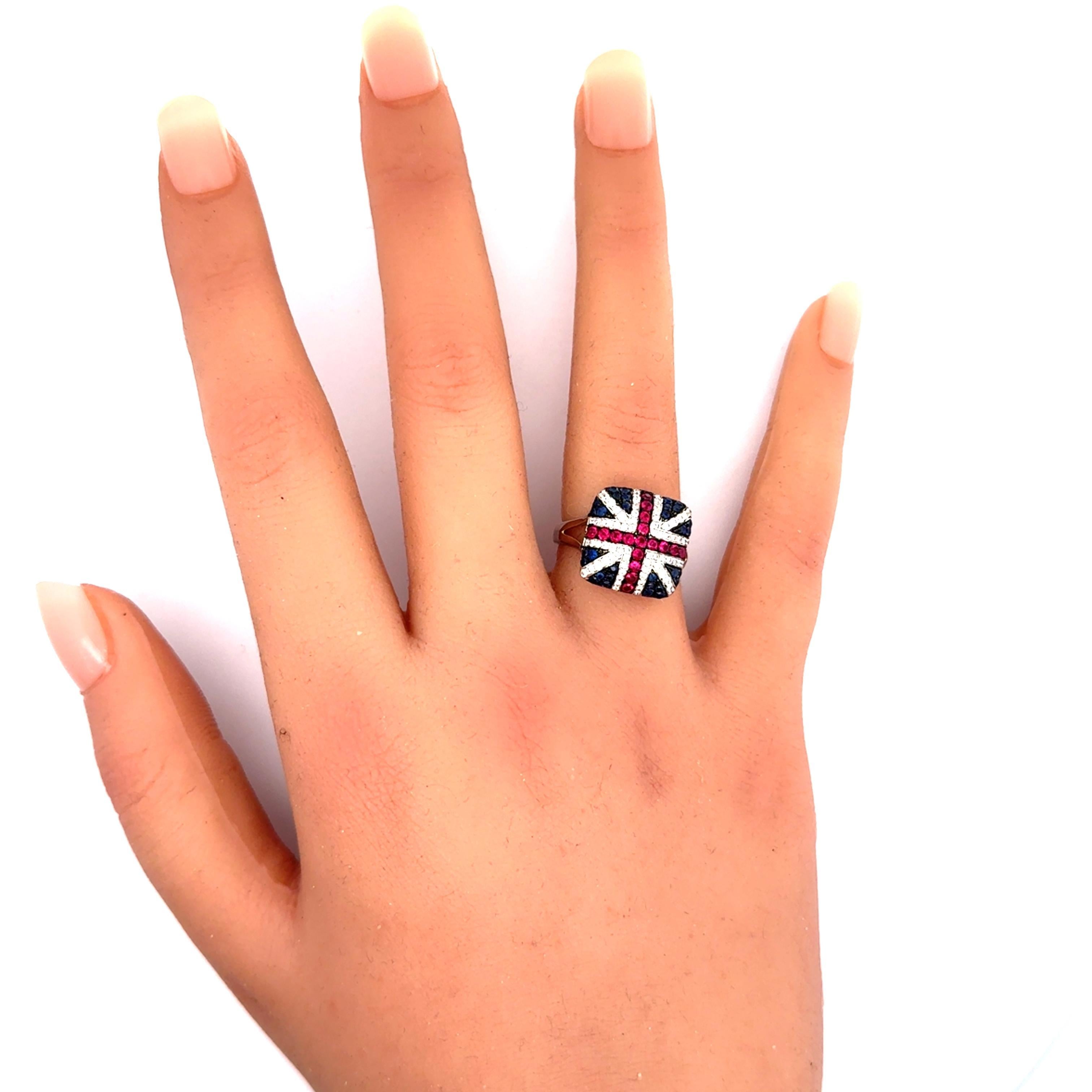 Rubin-Saphir-Diamant 18k Weißgold Flaggenring Vereinigtes Königreich Damen im Angebot