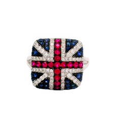 Ruby Sapphire Diamond 18k White Gold “United Kingdom Flag” Ring