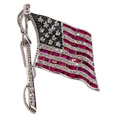Ruby, Sapphire, & Diamond American Flag Brooch 18k White Gold