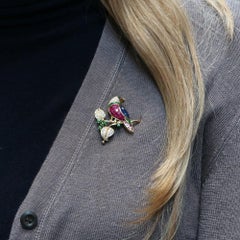Ruby, Sapphire, Diamond and Garnet Parrot Brooch Set in 18k Yellow Gold