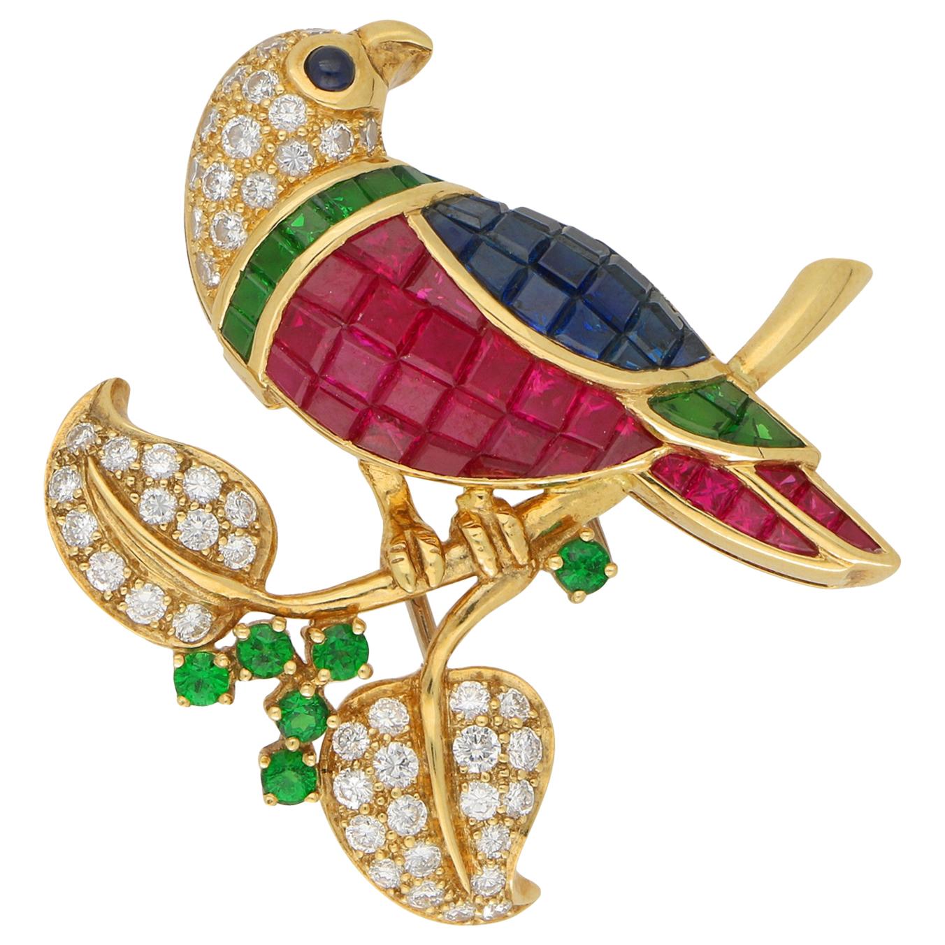 Ruby, Sapphire, Diamond and Garnet Parrot Brooch Set in 18k Yellow Gold