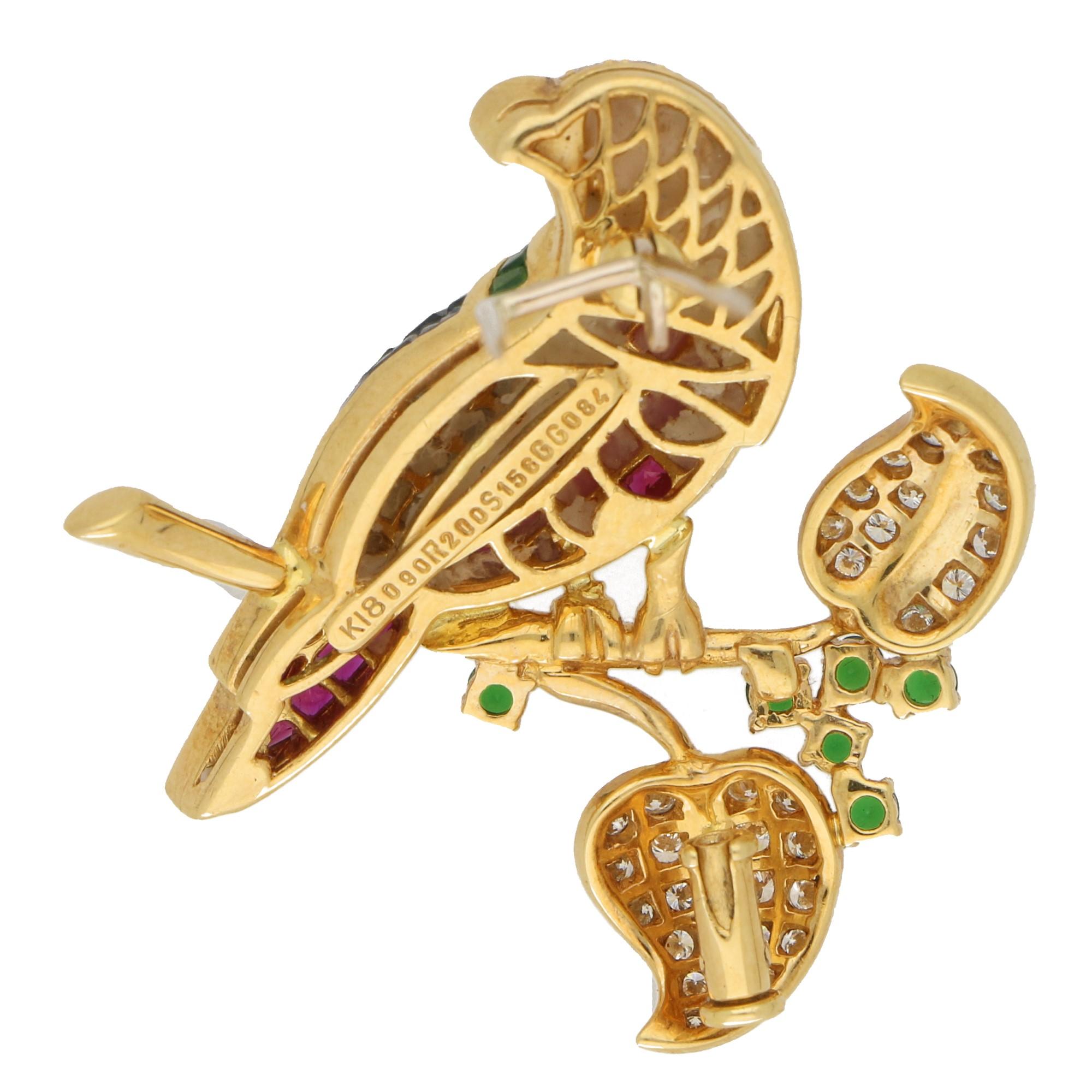 Round Cut Ruby, Sapphire, Diamond and Garnet Parrot Brooch Set in 18k Yellow Gold