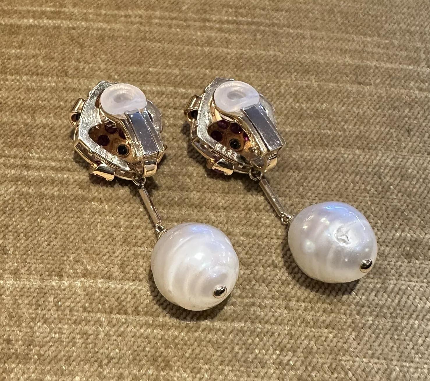 Round Cut Ruby, Sapphire, Diamond and Pearl Drop Earrings in 18k Yellow Gold For Sale