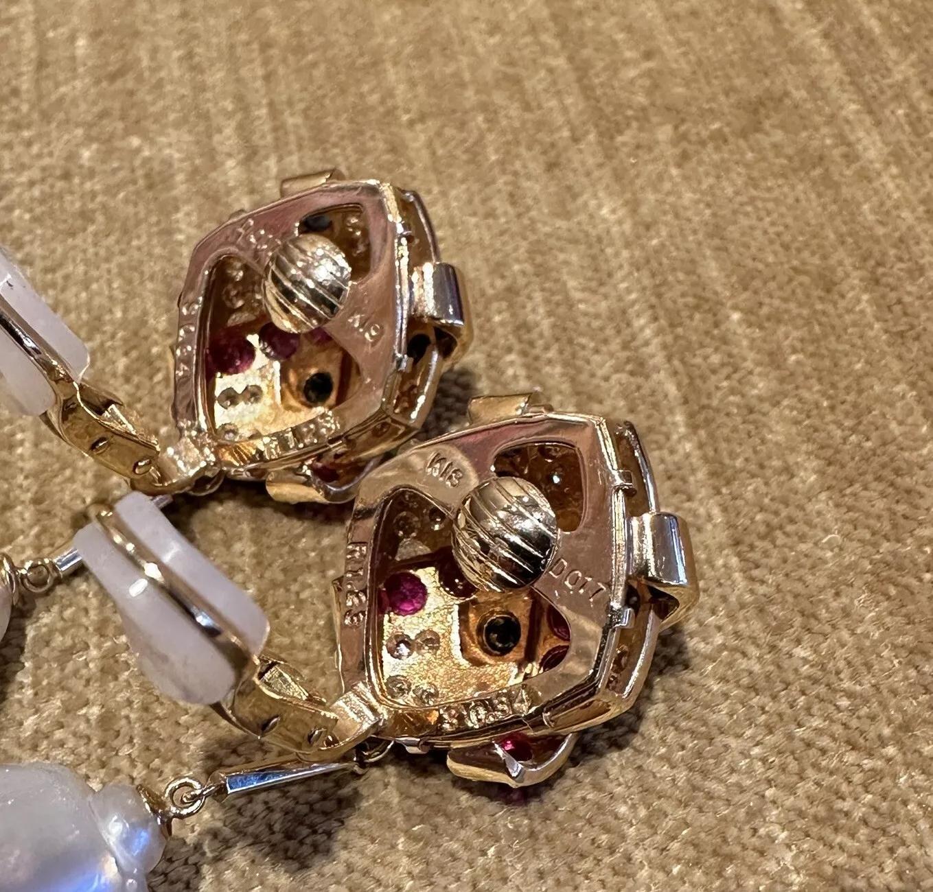 Ruby, Sapphire, Diamond and Pearl Drop Earrings in 18k Yellow Gold In Excellent Condition For Sale In La Jolla, CA