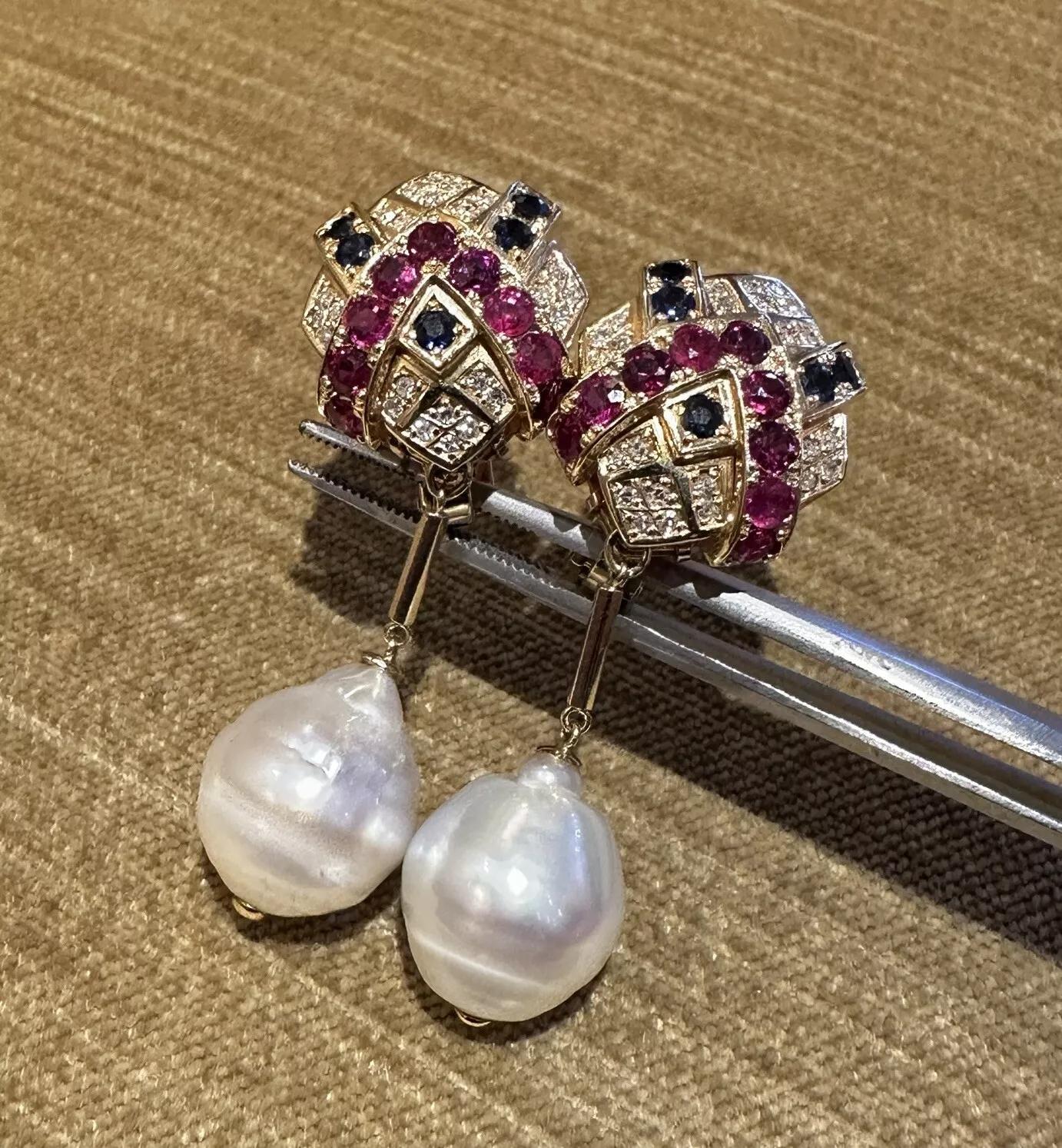Ruby, Sapphire, Diamond and Pearl Drop Earrings in 18k Yellow Gold For Sale 1