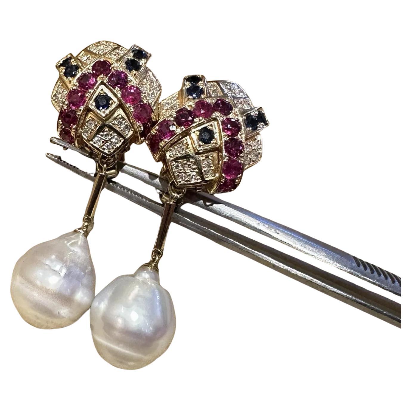 Ruby, Sapphire, Diamond and Pearl Drop Earrings in 18k Yellow Gold For Sale
