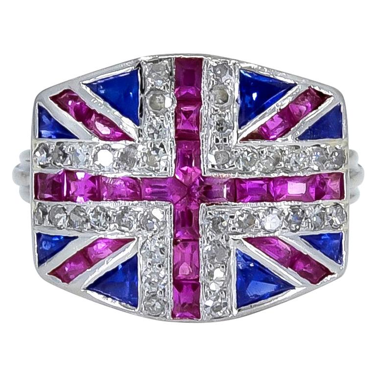 Ruby Sapphire and Diamond British Flag Ring