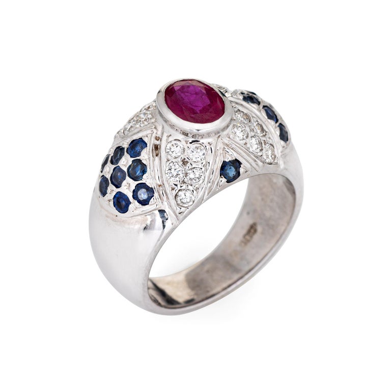 Ruby Sapphire Diamond Dome Ring Vintage 14k White Gold Estate Fine ...