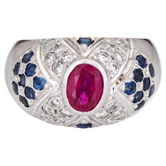 Ruby Sapphire Diamond Dome Ring Retro 14k White Gold Estate Fine Jewelry
