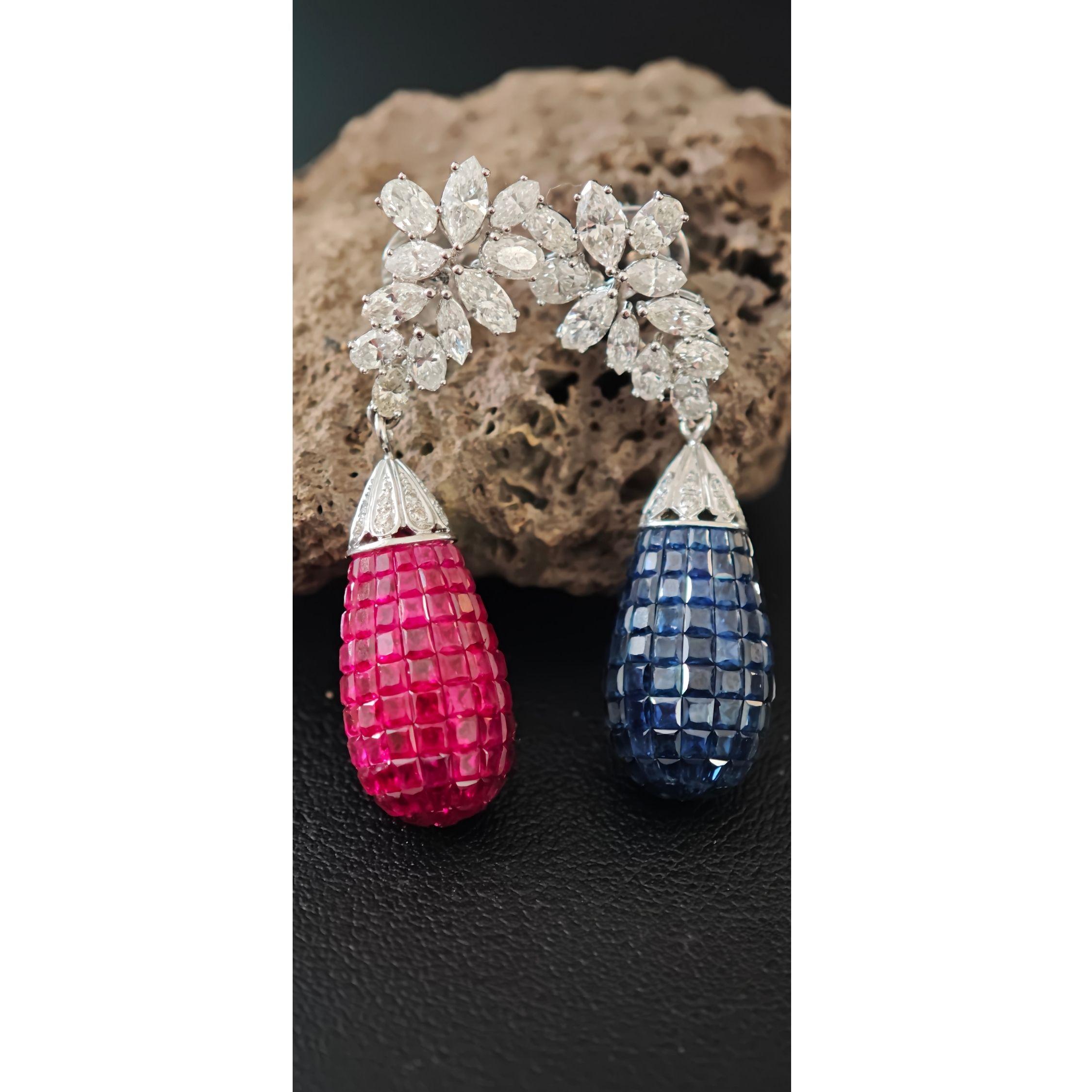 Orecchini a goccia con rubino, zaffiro e diamante  oro bianco 18 carati  Tutti i nutrienti in vendita 1