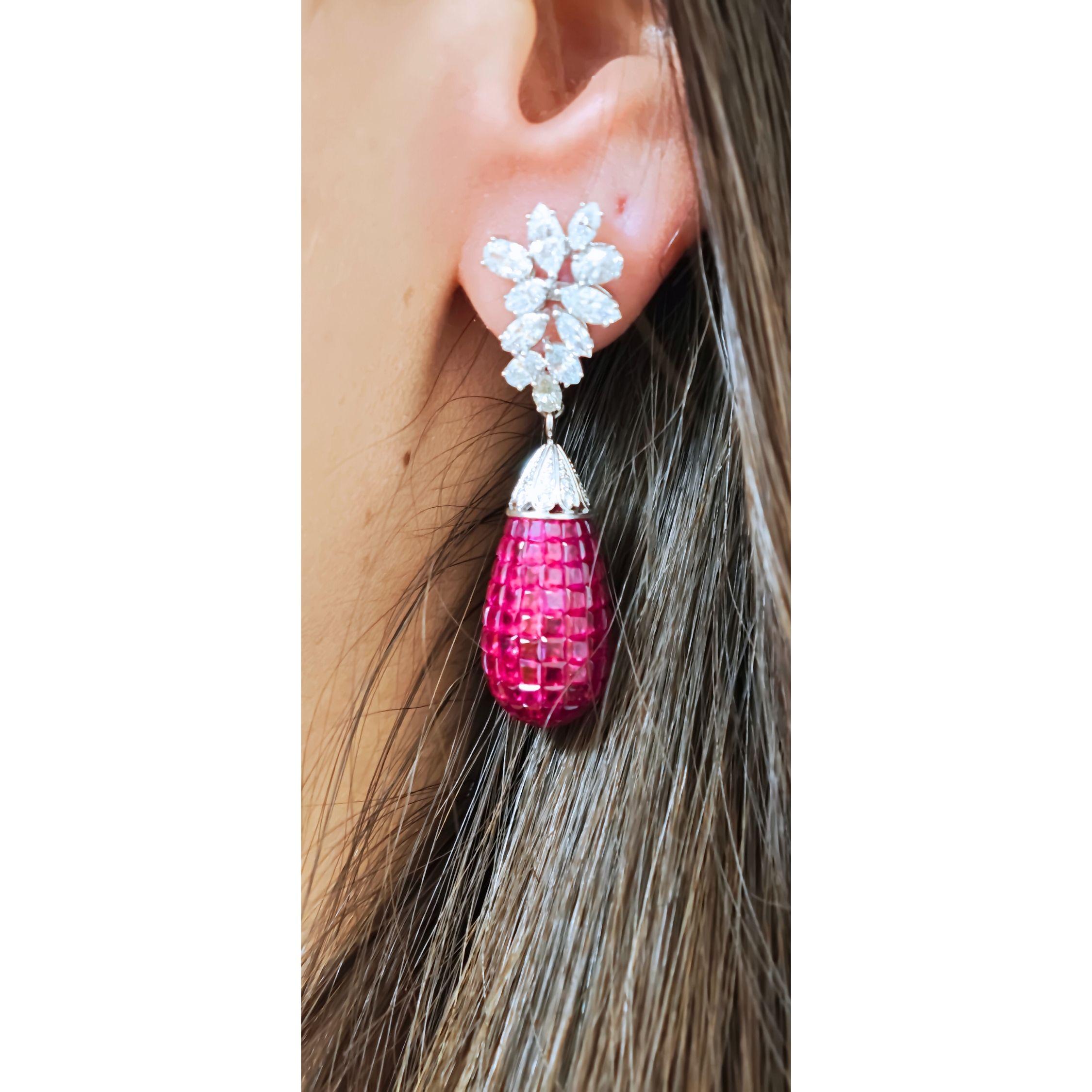 Orecchini a goccia con rubino, zaffiro e diamante  oro bianco 18 carati  Tutti i nutrienti in vendita 10