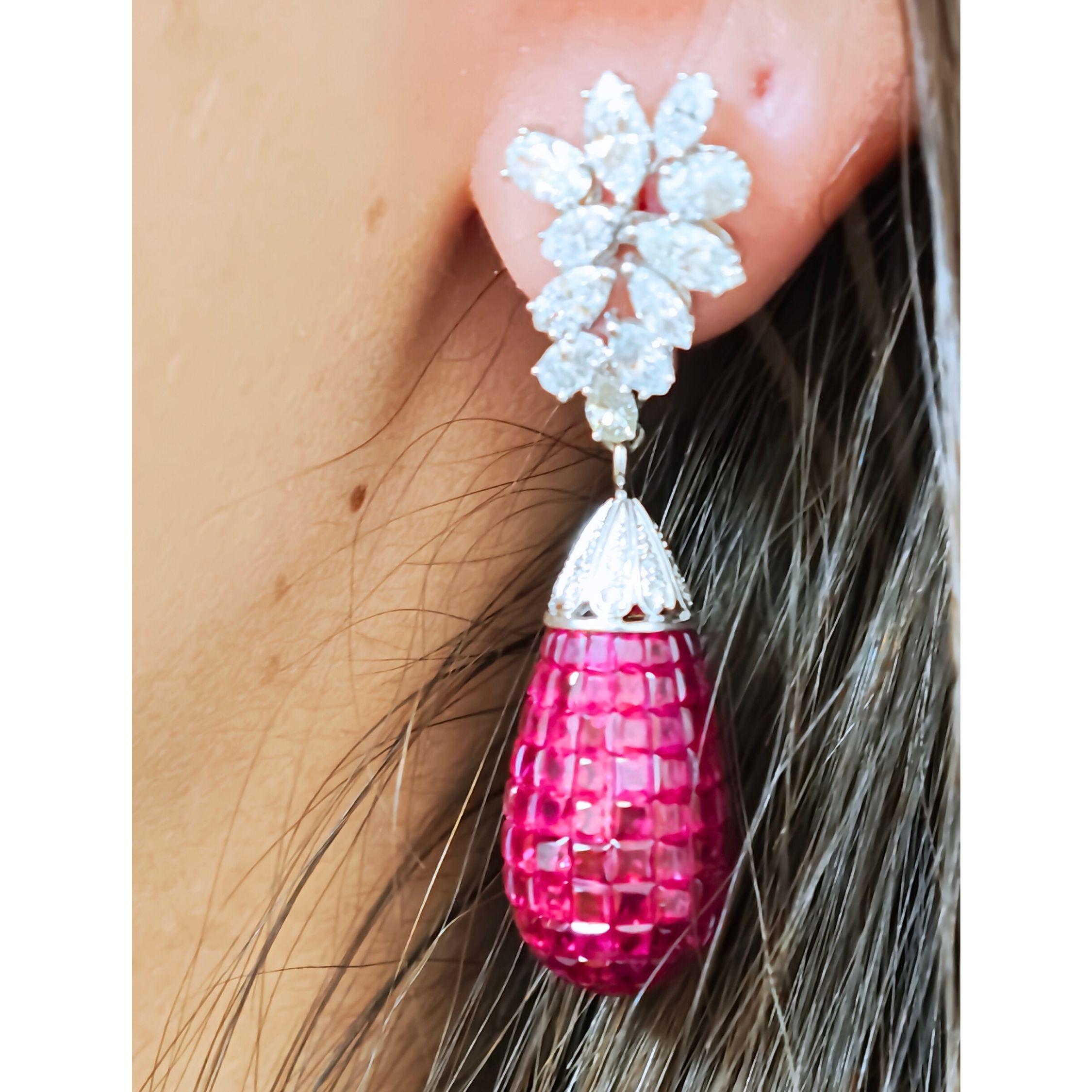 Orecchini a goccia con rubino, zaffiro e diamante  oro bianco 18 carati  Tutti i nutrienti in vendita 12