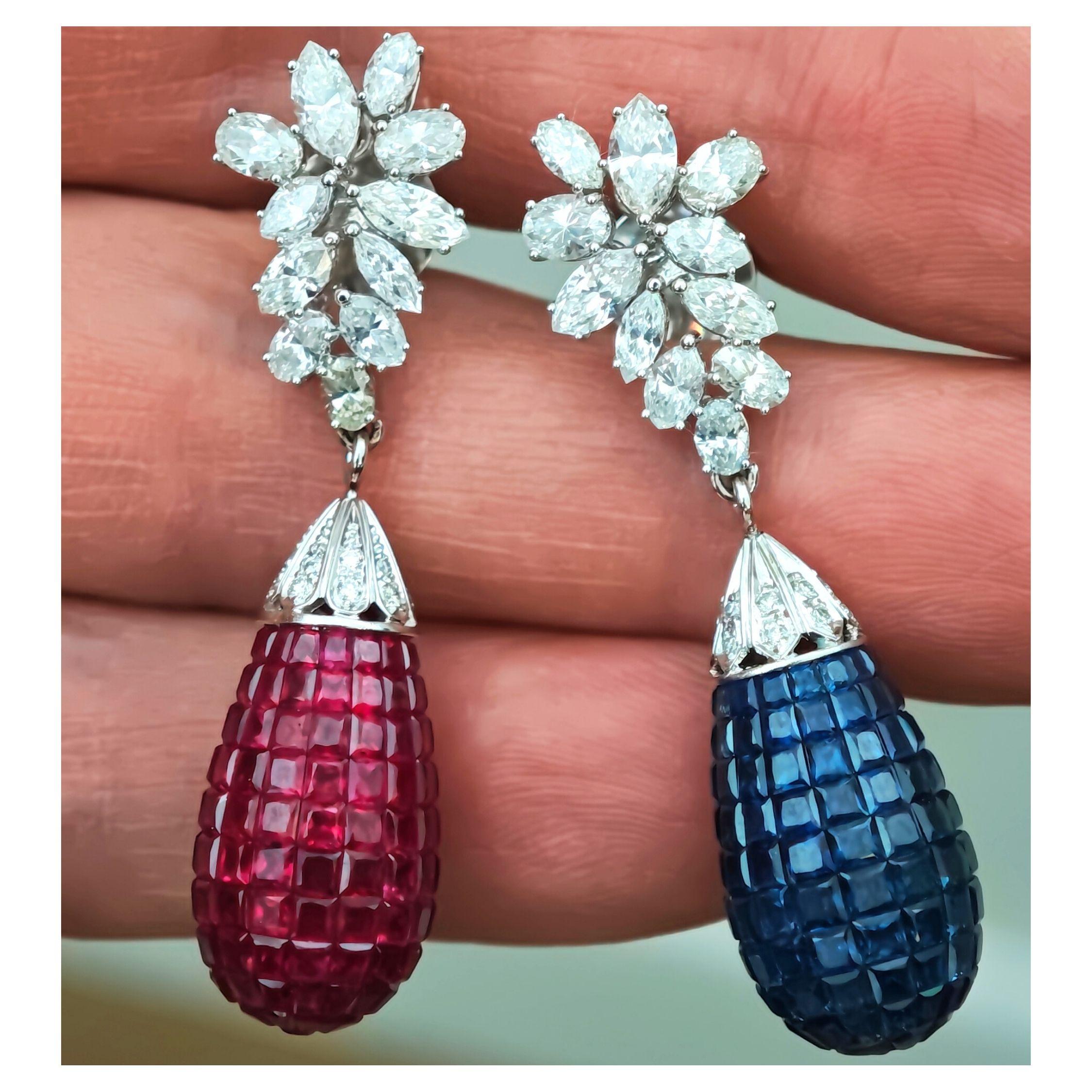 Taglio princess Orecchini a goccia con rubino, zaffiro e diamante  oro bianco 18 carati  Tutti i nutrienti in vendita