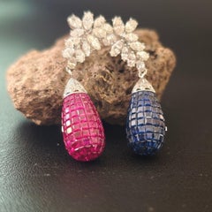 Ruby, Sapphire & Diamond Drop Earrings  18K White Gold  All nutural