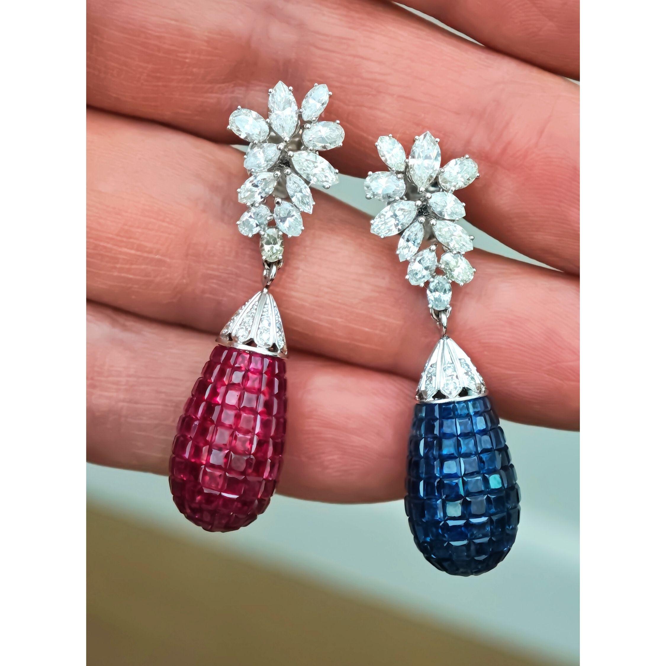 Orecchini a goccia con rubino, zaffiro e diamante  oro bianco 18 carati  Tutti i nutrienti in vendita 4