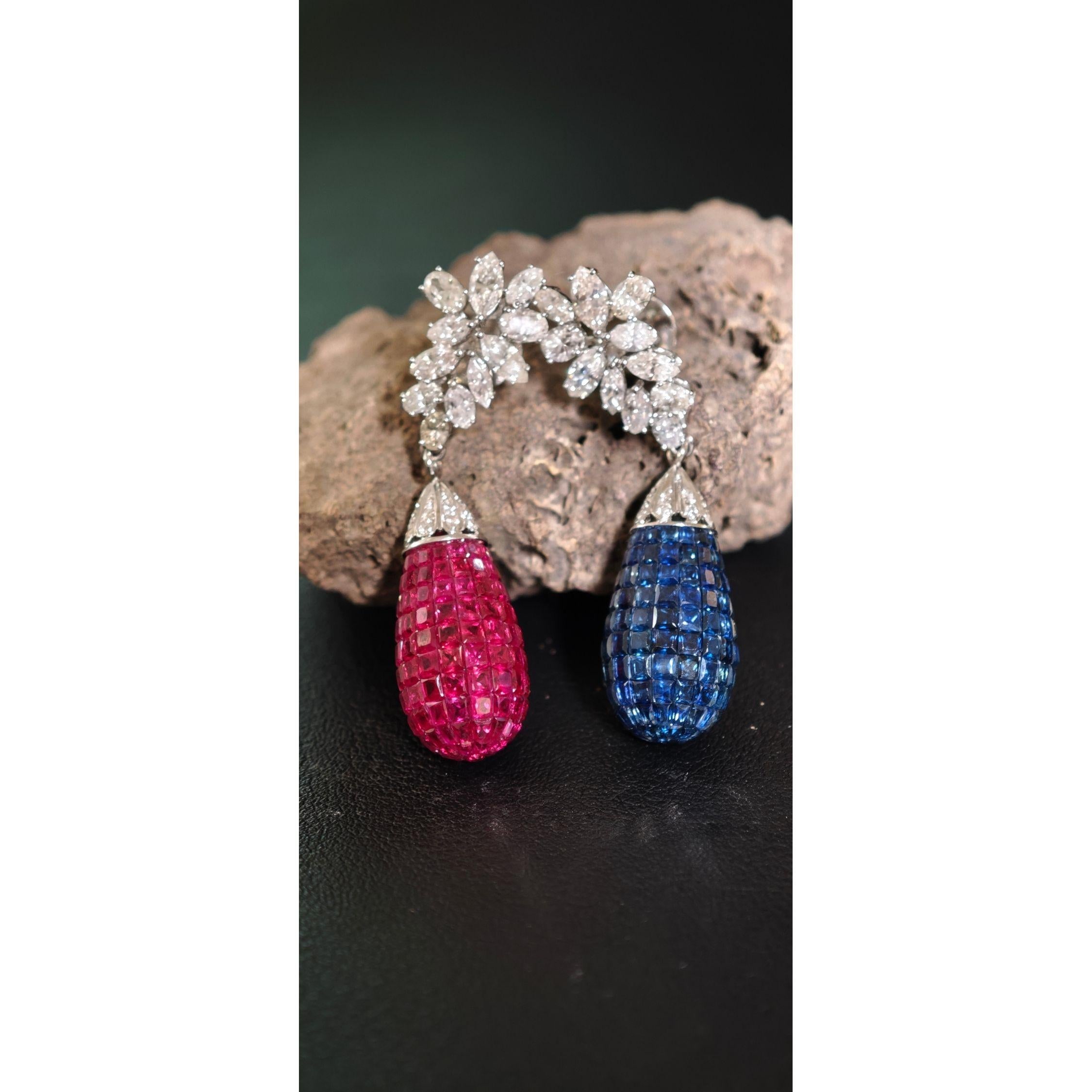 Orecchini a goccia con rubino, zaffiro e diamante  oro bianco 18 carati  Tutti i nutrienti in vendita 5