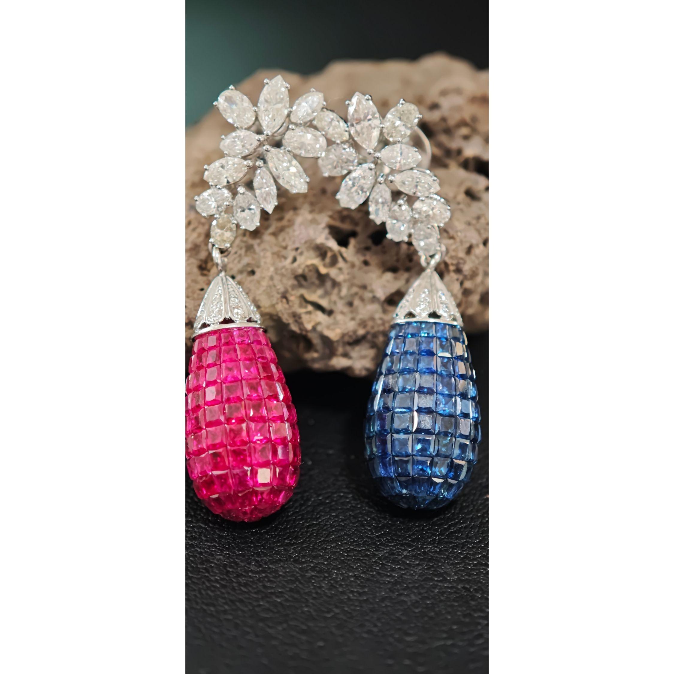 Orecchini a goccia con rubino, zaffiro e diamante  oro bianco 18 carati  Tutti i nutrienti in vendita 6