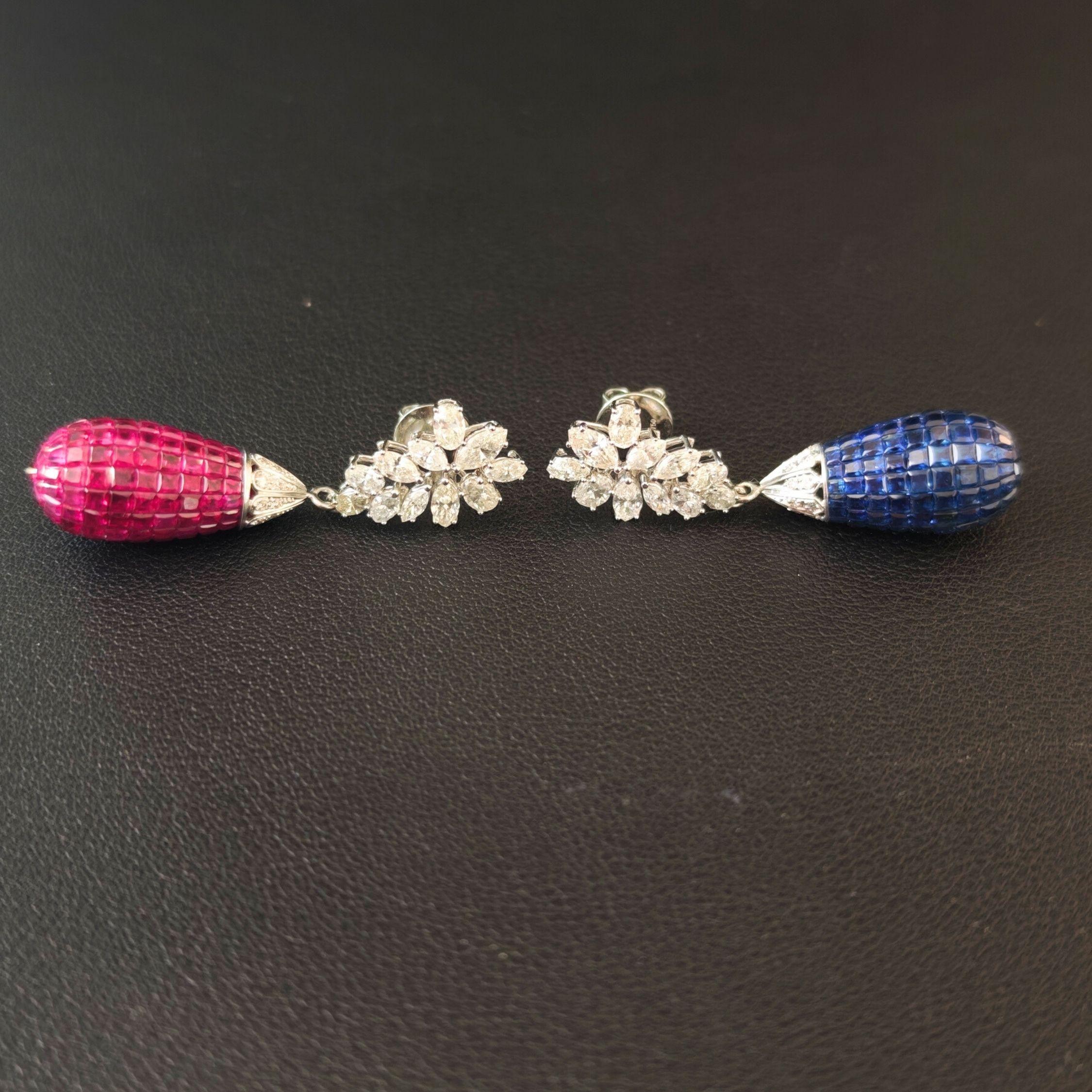 Orecchini a goccia con rubino, zaffiro e diamante  oro bianco 18 carati  Tutti i nutrienti in vendita 7