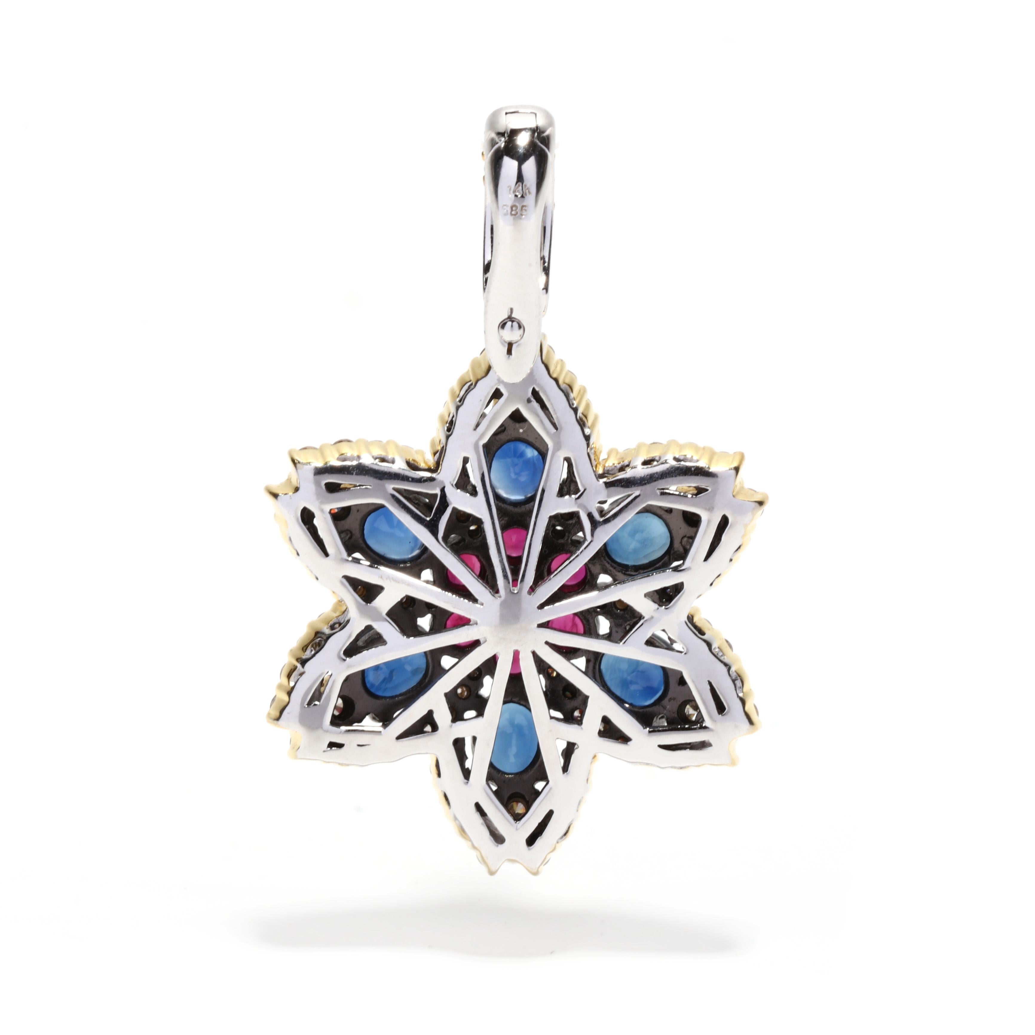 Add a little sparkle to your look with this stunning 5.25ctw Ruby Sapphire Diamond Flower Pendant Enhancer. Crafted from 14K yellow and white gold, this pendant enhancer features a beautiful diamond flower design with five round rubies and five