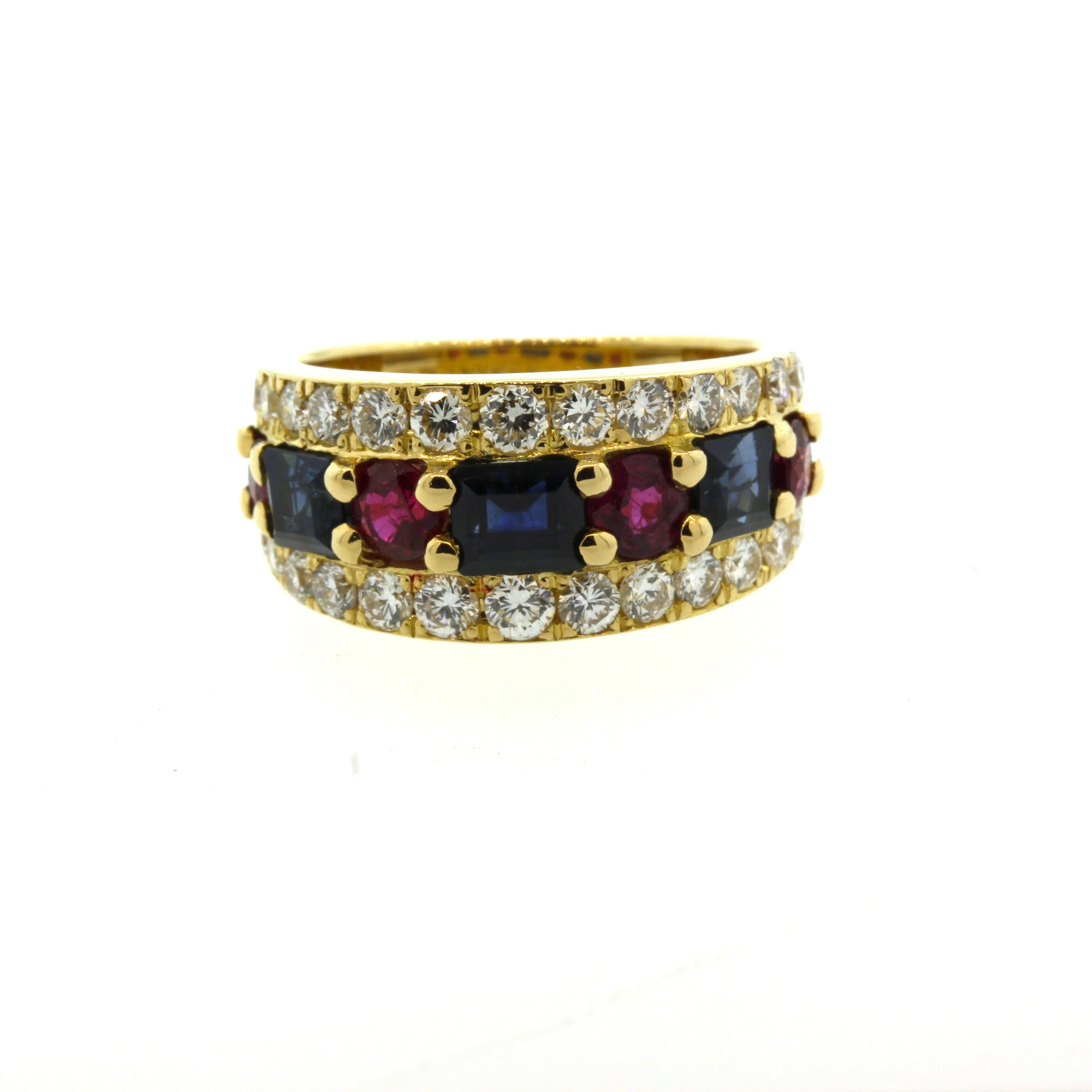 A sweet and stylish gold band ring featuring rubies, sapphires, and diamonds! There are 4 round shape rubies weighing a total of 0.99 carats along with 3 square shape sapphires weighing a total of 1.50 carats. Adding to the color are 1.02 carats of