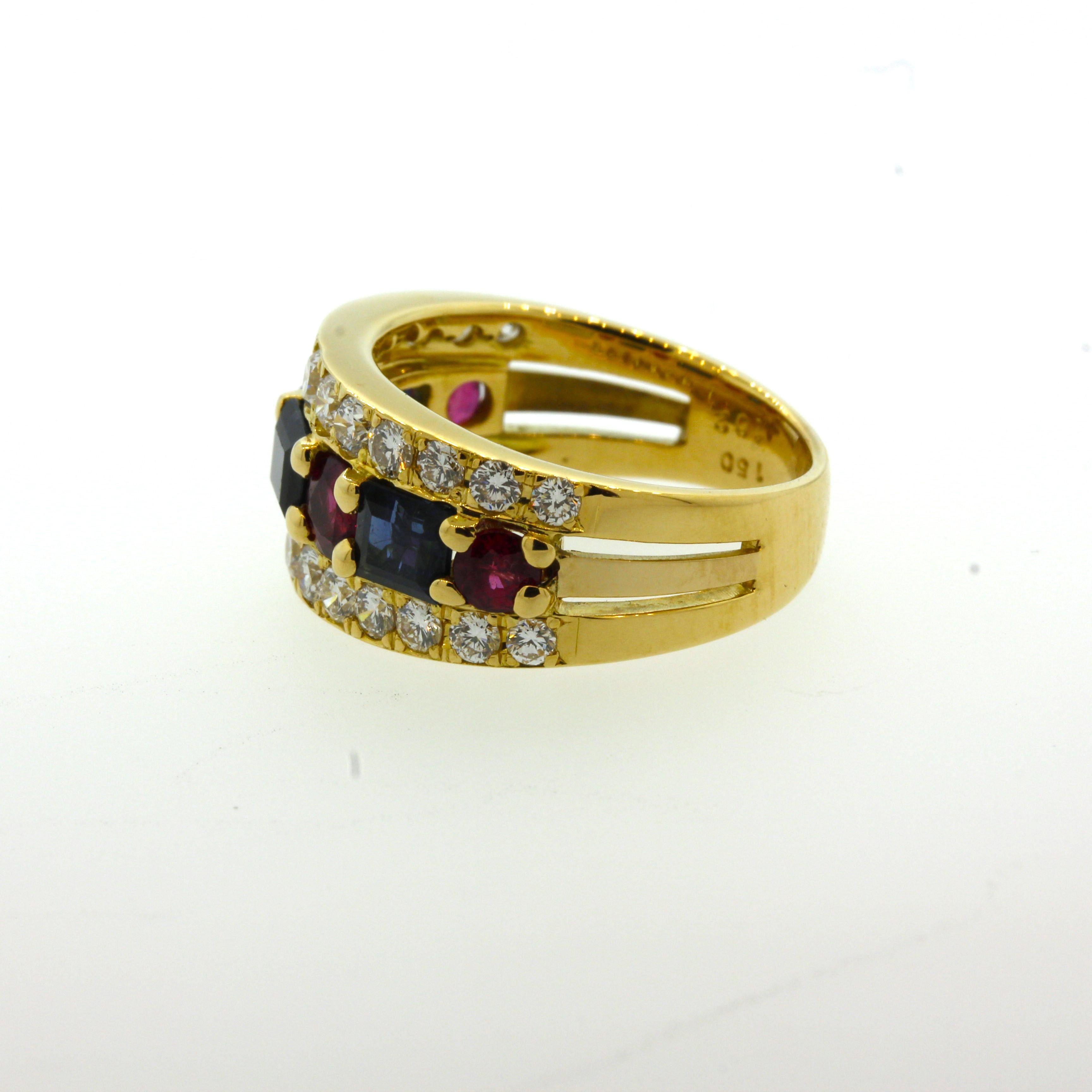 Square Cut Ruby Sapphire Diamond Gold Band Ring For Sale
