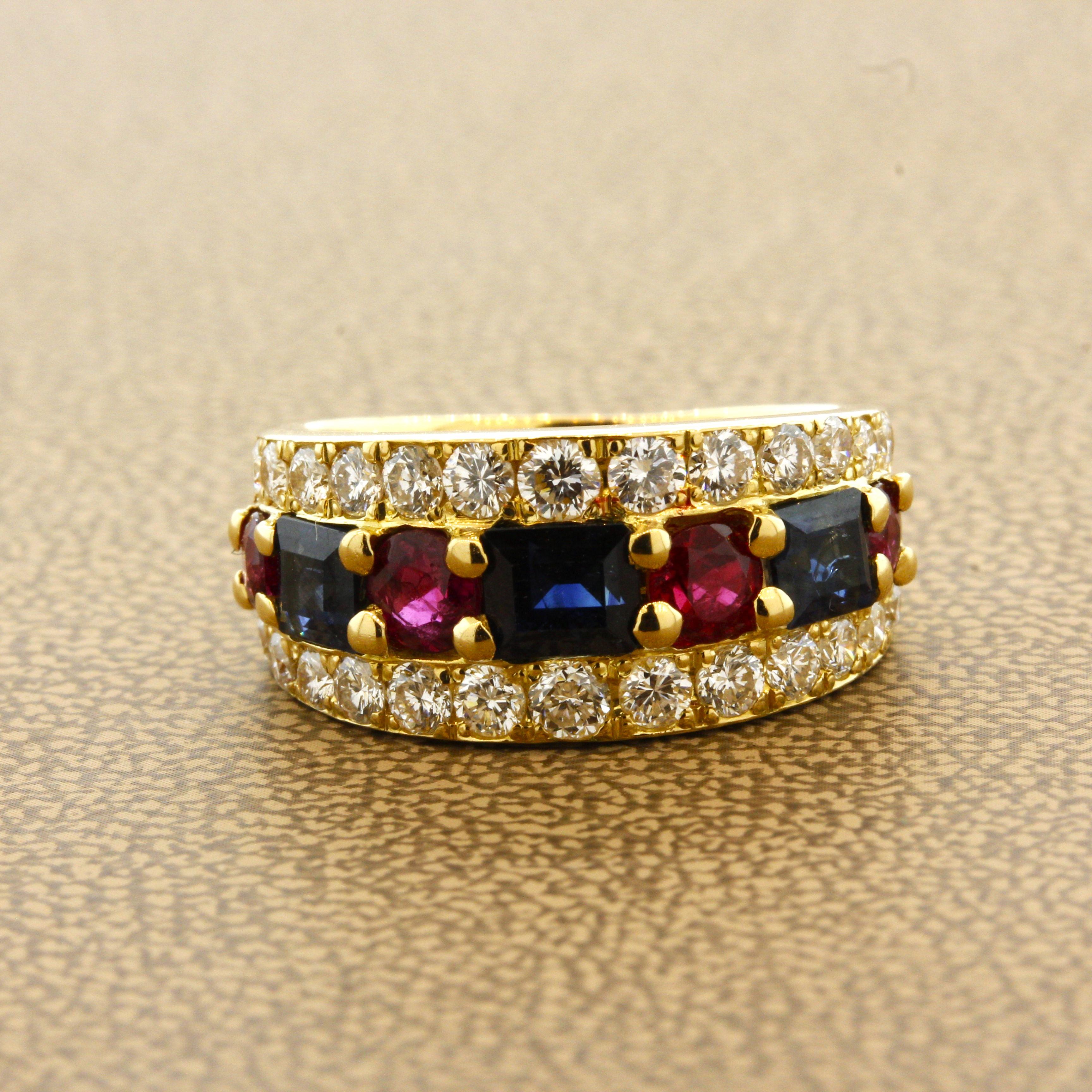 Women's Ruby Sapphire Diamond Gold Band Ring For Sale