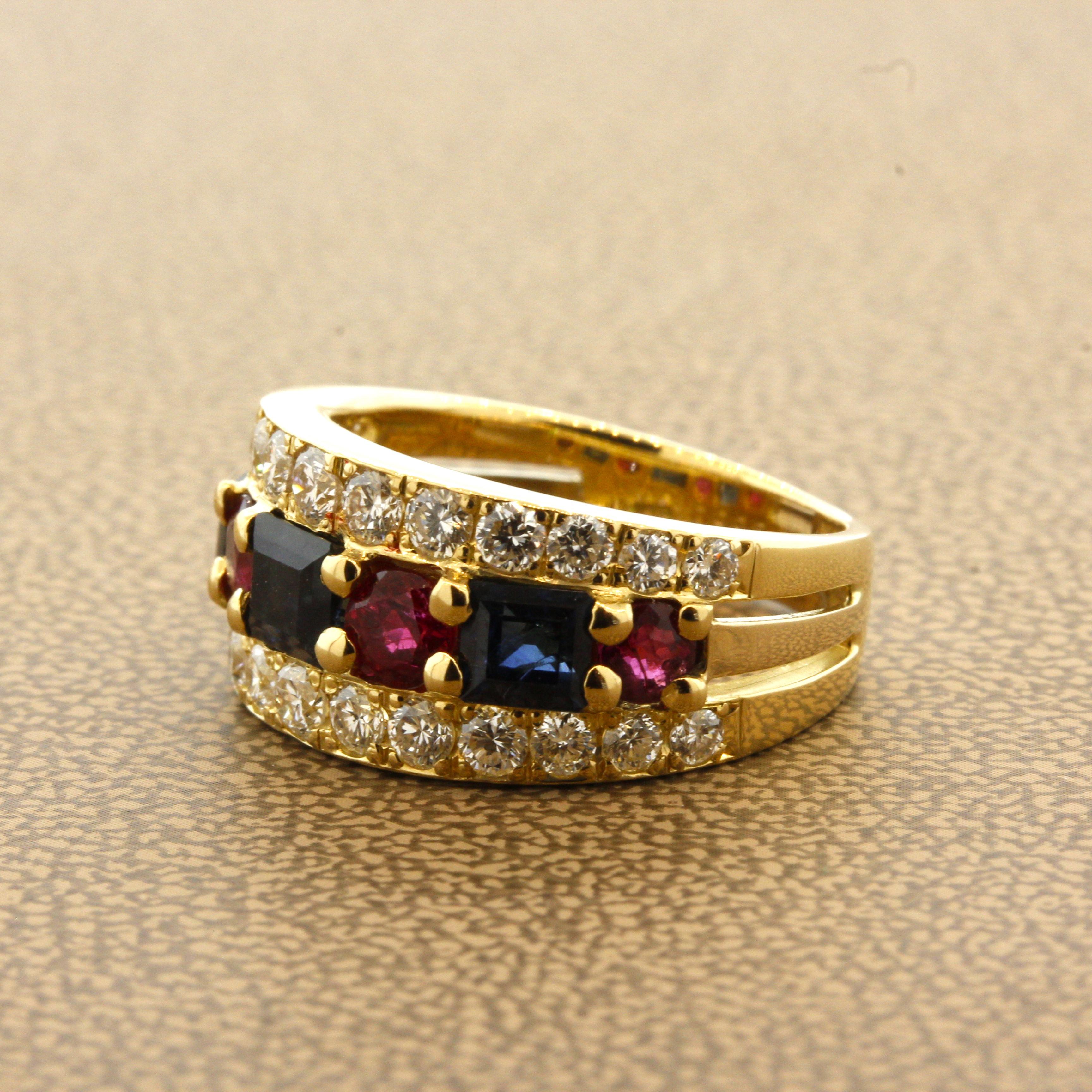 Ruby Sapphire Diamond Gold Band Ring For Sale 1
