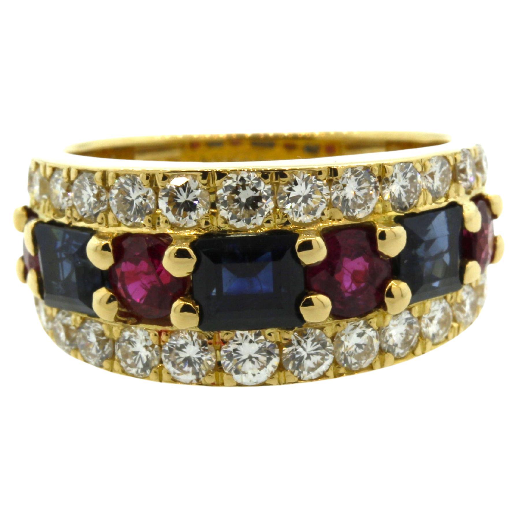 Ruby Sapphire Diamond Gold Band Ring For Sale
