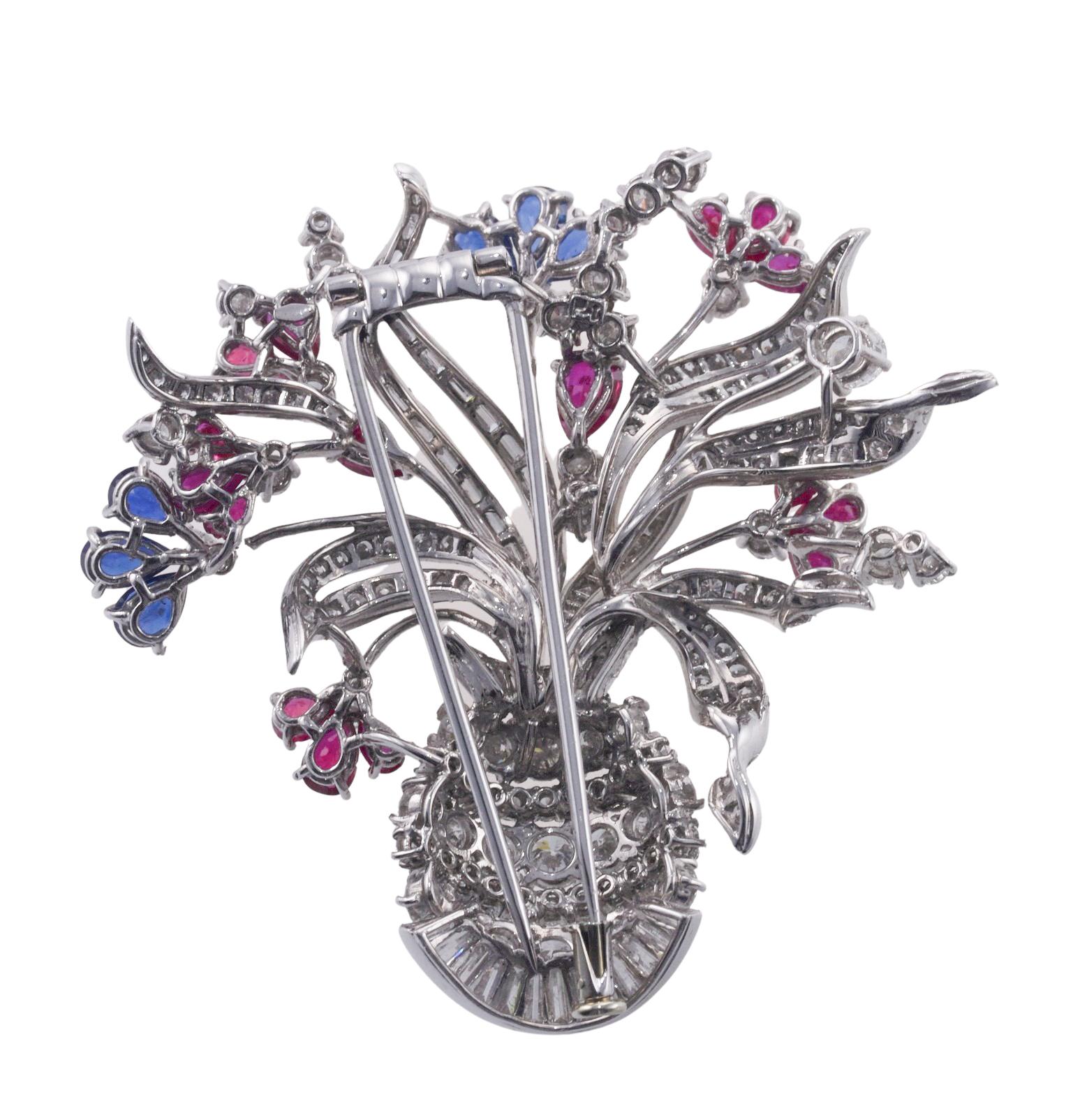 Ruby Sapphire Diamond Gold Flower Basket Brooch For Sale 1