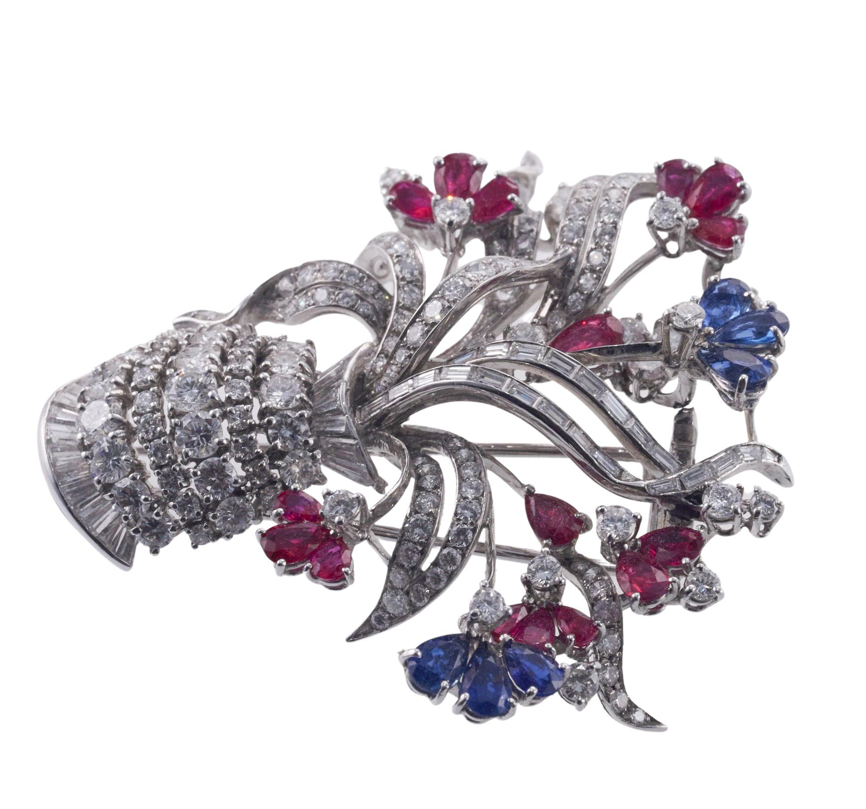 Ruby Sapphire Diamond Gold Flower Basket Brooch For Sale 2