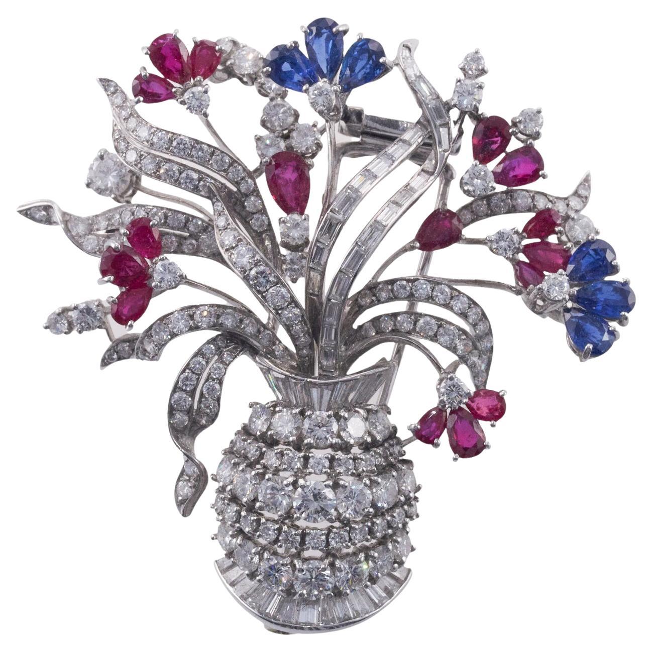 Ruby Sapphire Diamond Gold Flower Basket Brooch For Sale