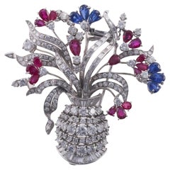 Vintage Ruby Sapphire Diamond Gold Flower Basket Brooch