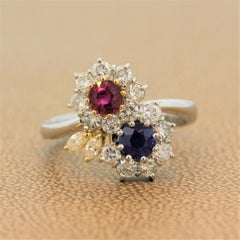 Ruby Sapphire Diamond Platinum Gold Flower Ring