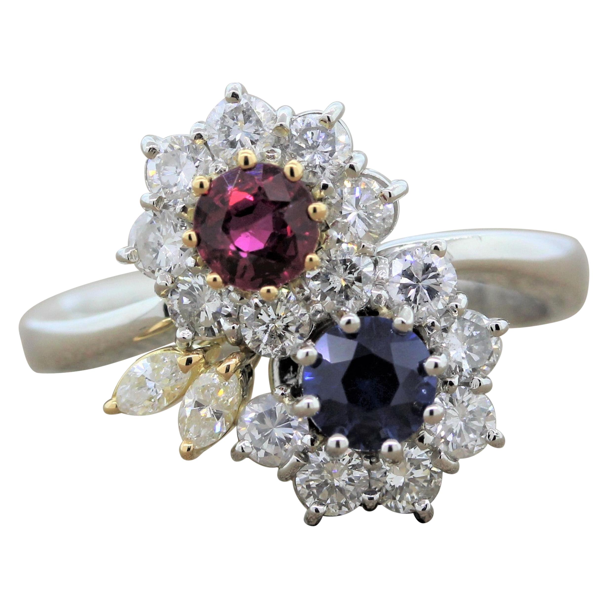 Ruby Sapphire Diamond Platinum Gold Flower Ring