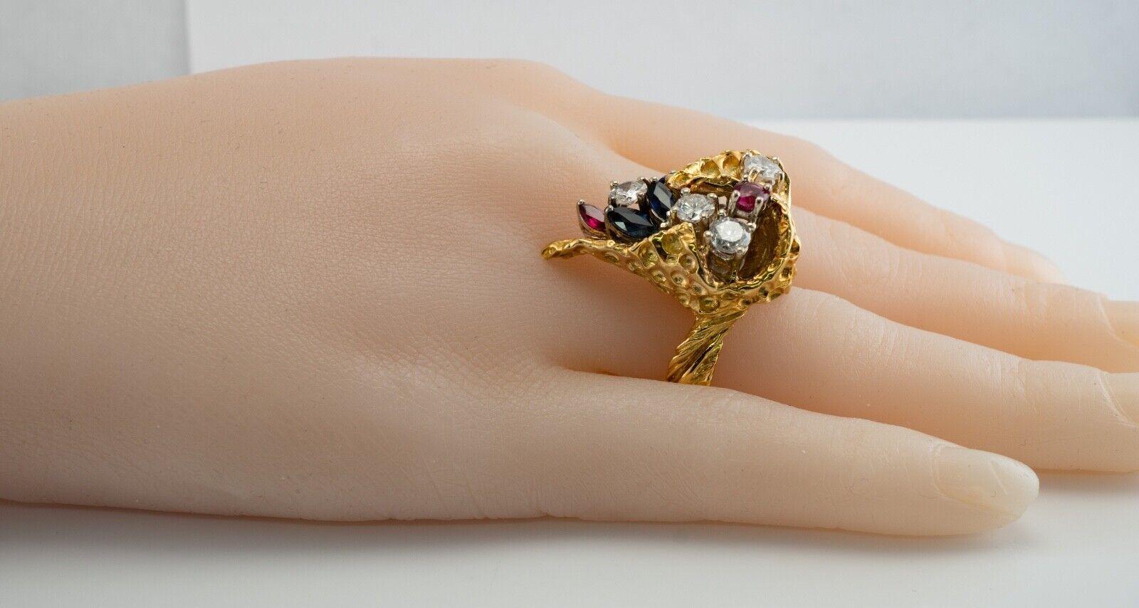 Ruby Sapphire Diamond Ring 18K Gold Vintage Cocktail Statement For Sale 5