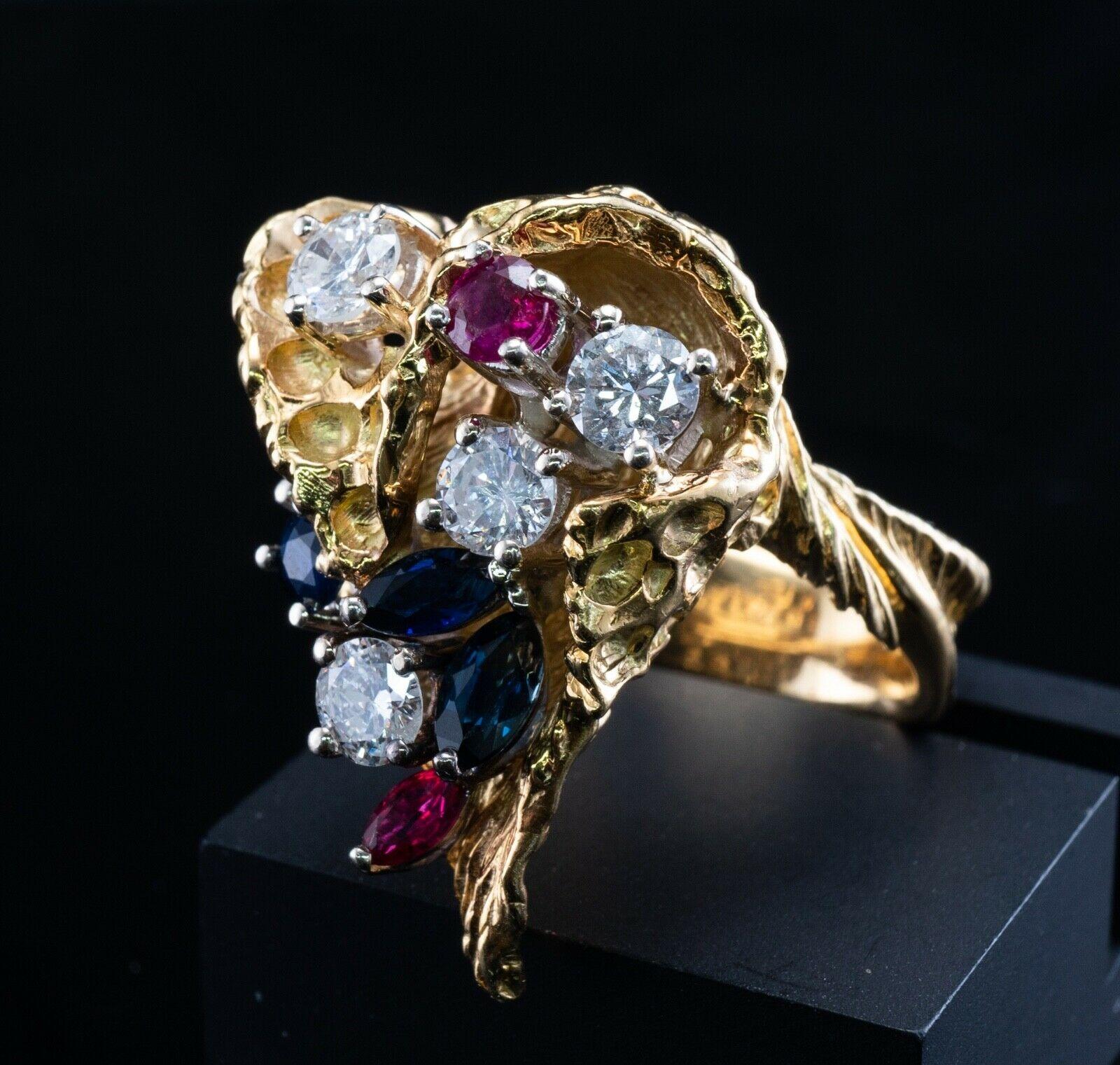 Ruby Sapphire Diamond Ring 18K Gold Vintage Cocktail Statement For Sale 6