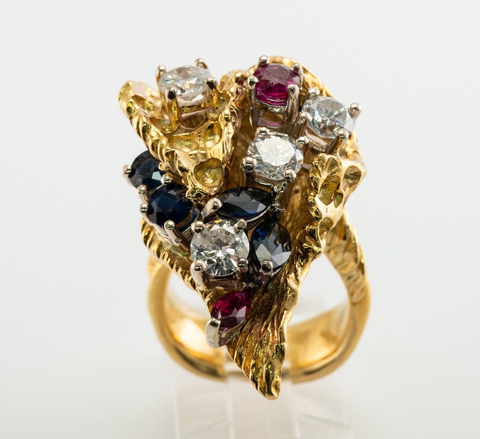 Ruby Sapphire Diamond Ring 18K Gold Vintage Cocktail Statement For Sale 7