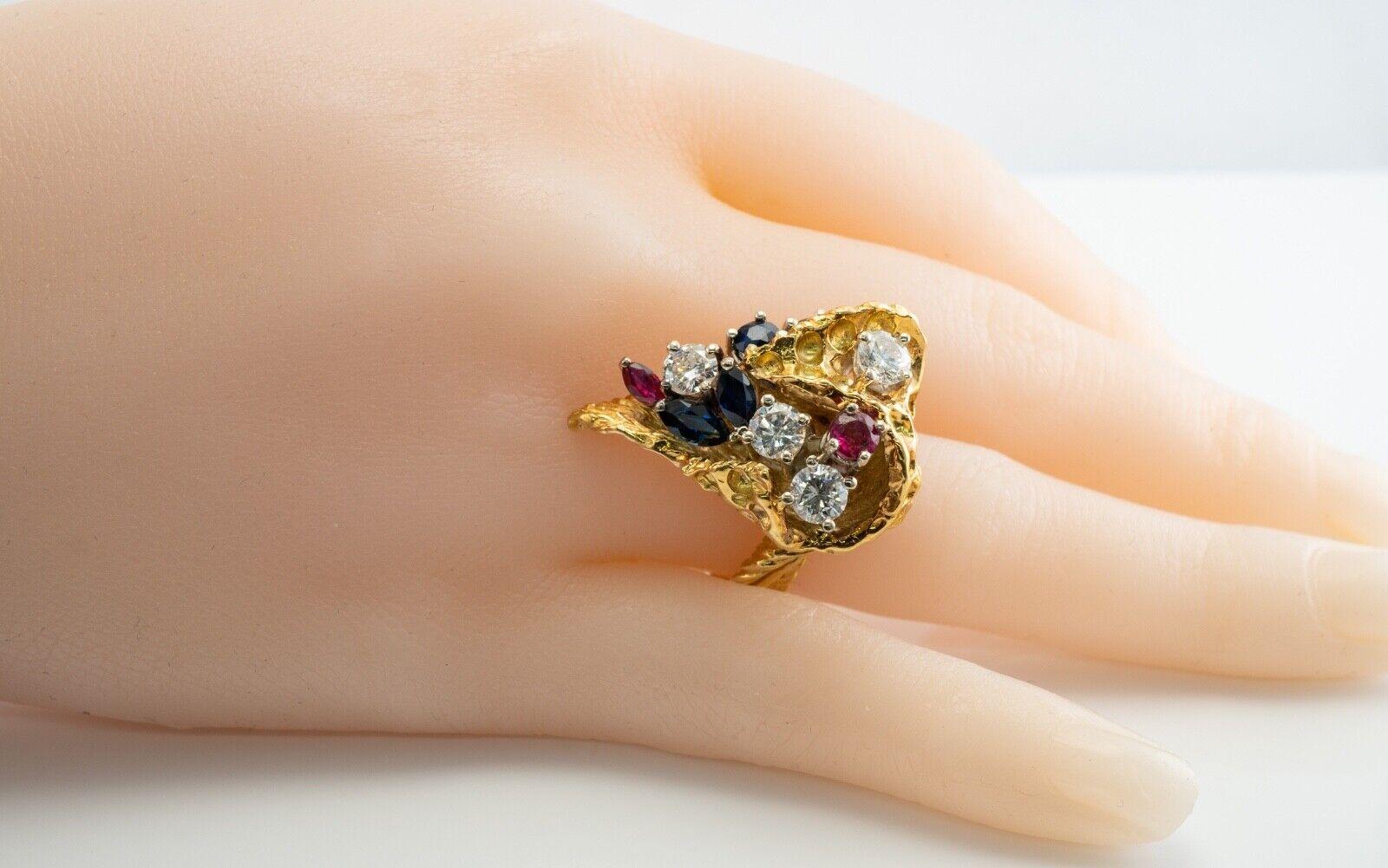 Women's Ruby Sapphire Diamond Ring 18K Gold Vintage Cocktail Statement For Sale