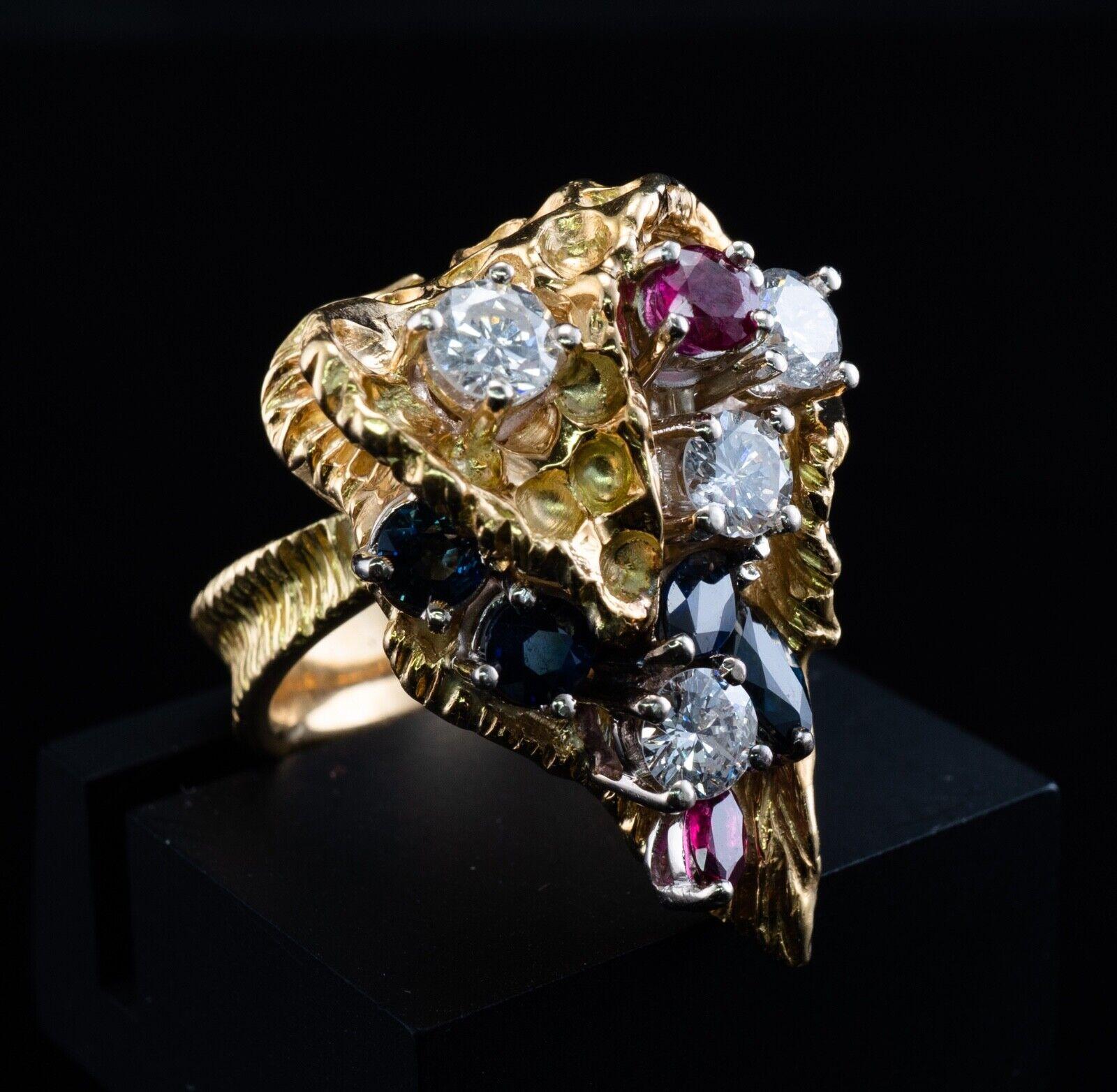 Bague rubis saphir diamant or 18K Vintage Cocktail Statement en vente 2