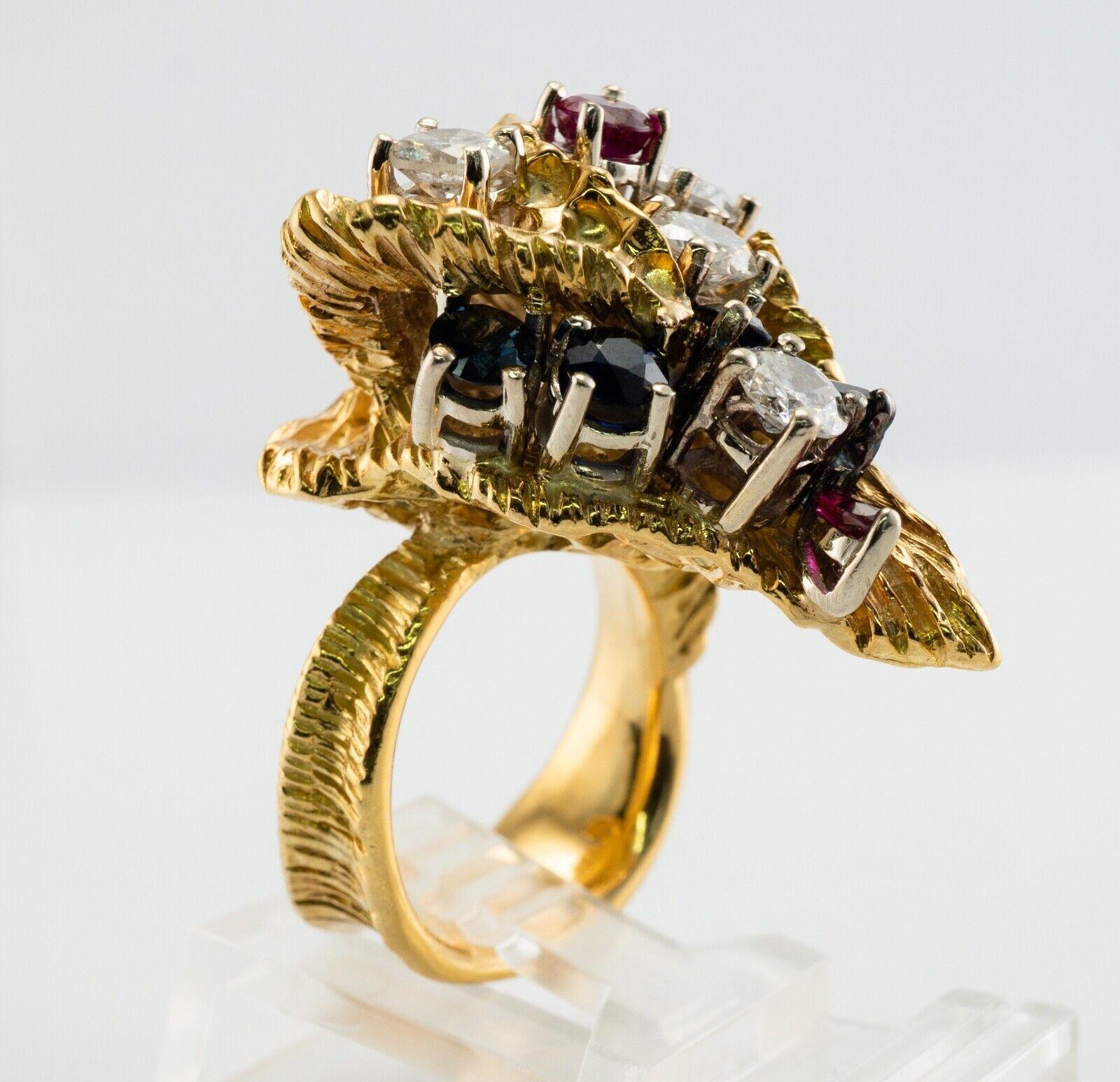 Ruby Sapphire Diamond Ring 18K Gold Vintage Cocktail Statement For Sale 3