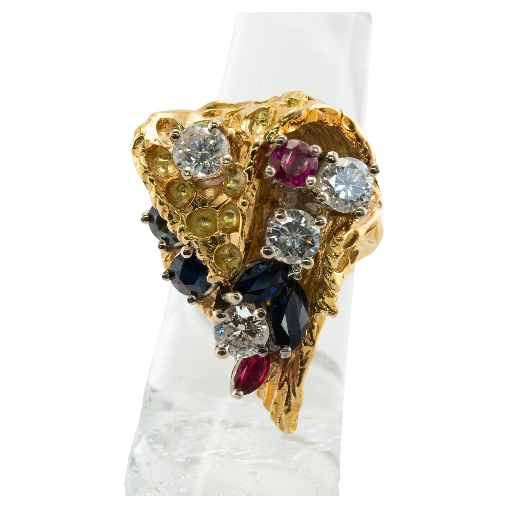 Large Vintage 18K Gold Ruby and Diamond Textured Overlap Multi Leaf ...