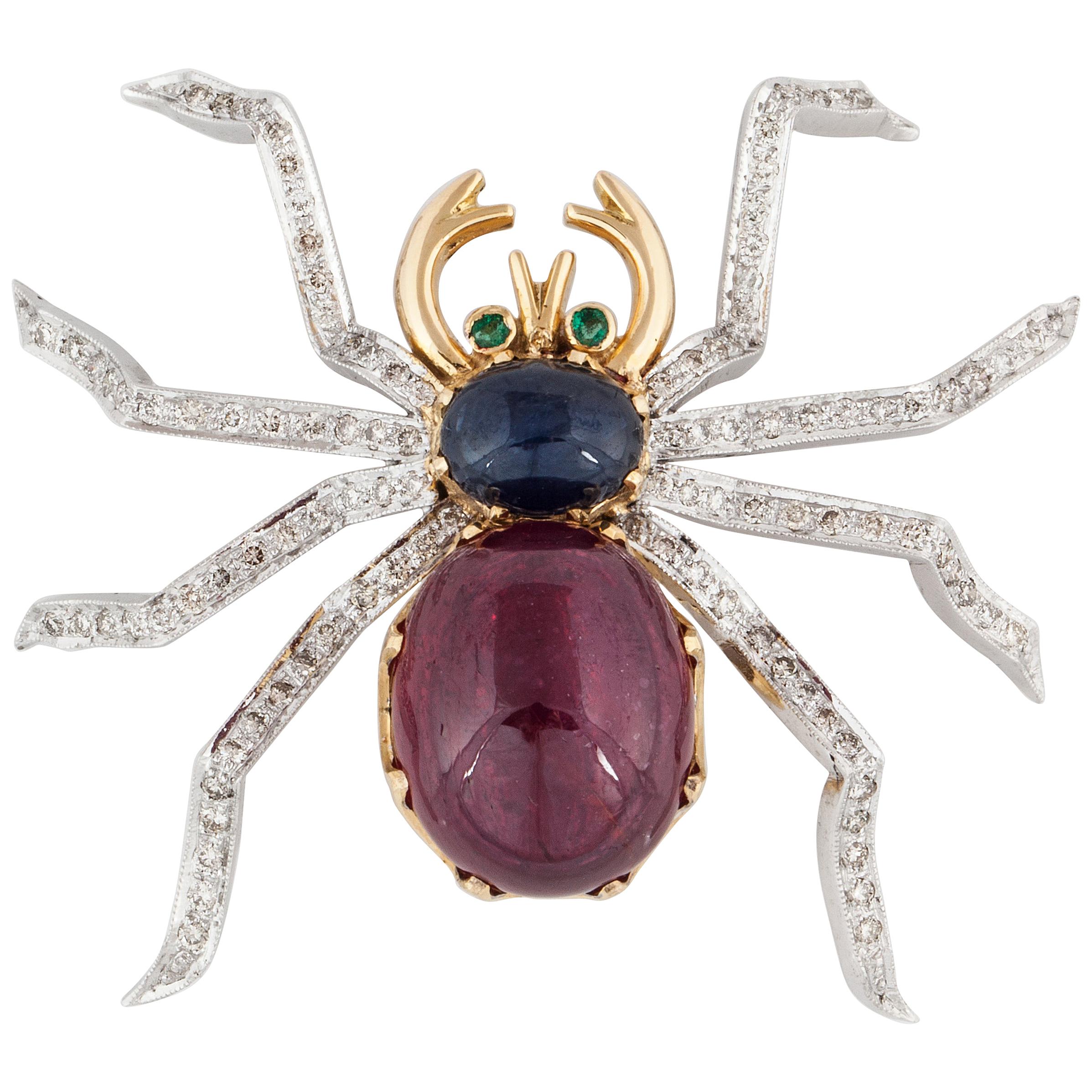 Gemstone and Diamond Spider Brooch For Sale