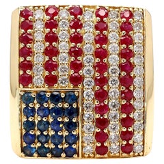 Ruby Sapphire & Diamond USA Flag 14K Gold Mens 4th of July Signet Ring