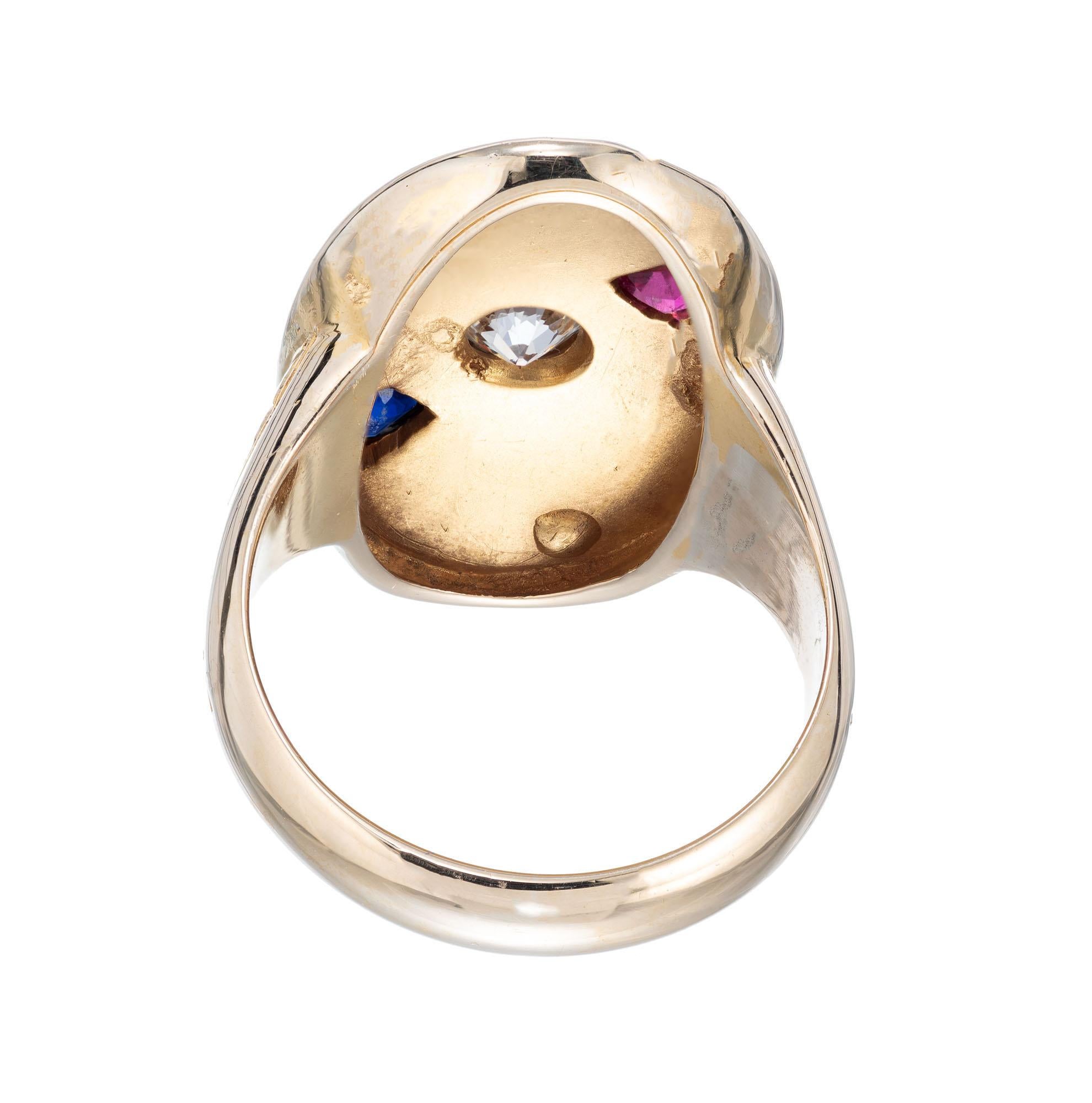 Old European Cut Ruby Sapphire Diamond Victorian Gold Textured Signet Ring For Sale