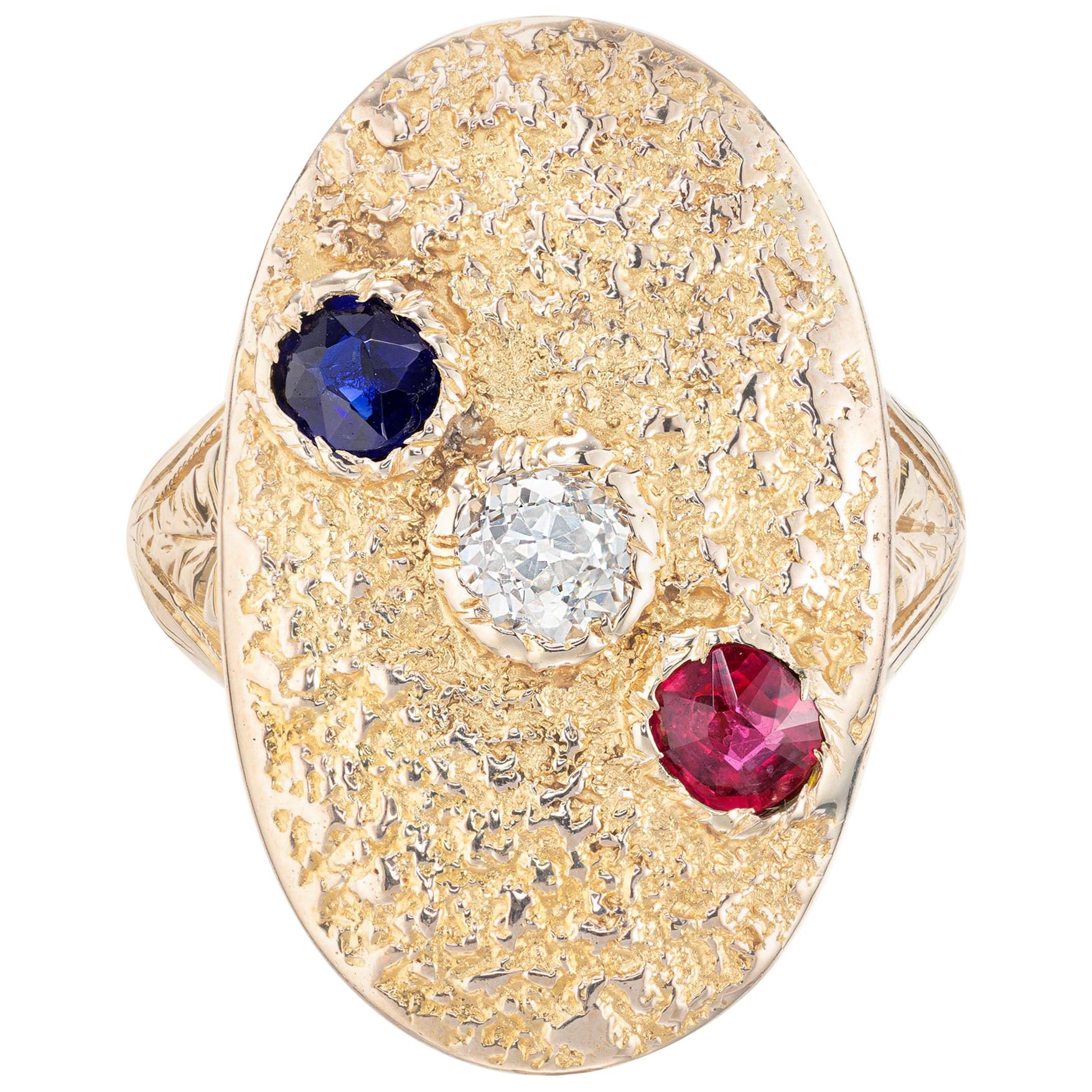 Ruby Sapphire Diamond Victorian Gold Textured Signet Ring For Sale
