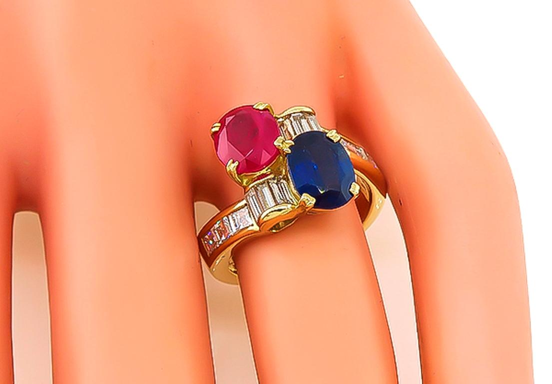 Oval Cut Ruby Sapphire Diamond Yellow Gold Ring For Sale